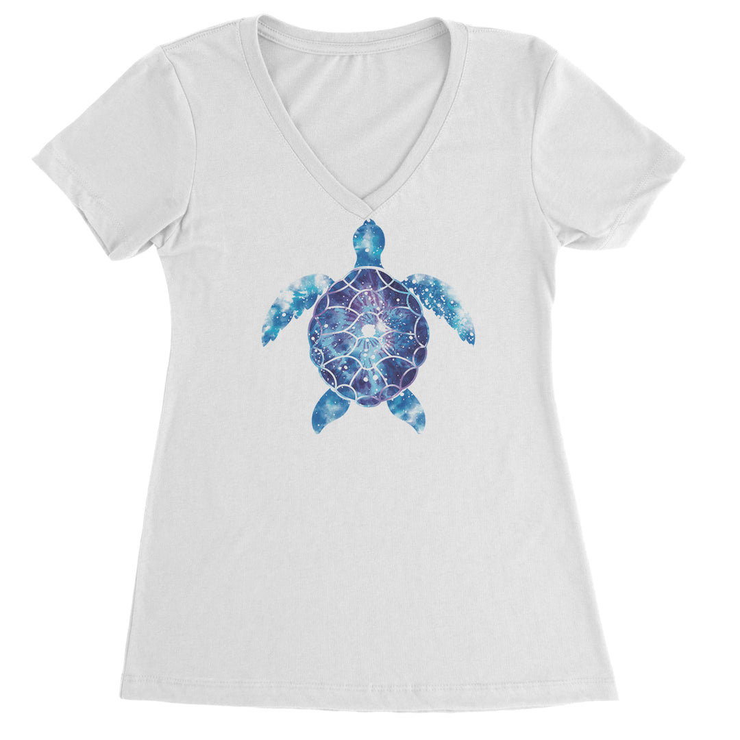 Ocean Aura Tie-Dye Sea Turtle Ladies V-Neck T-shirt White