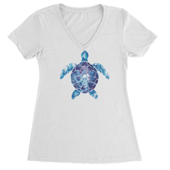 Ocean Aura Tie-Dye Sea Turtle Ladies V-Neck T-shirt White