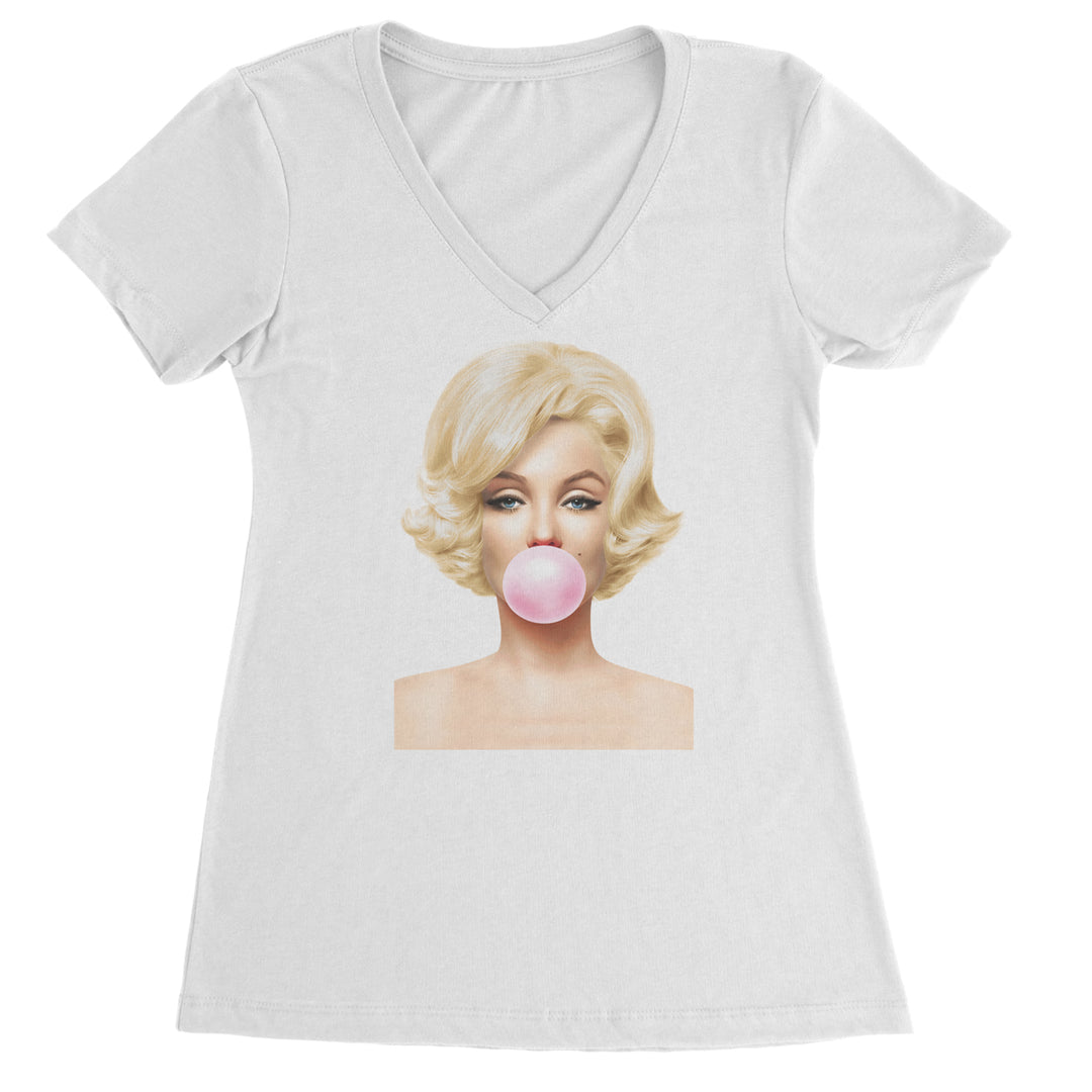 Ms. Monroe Pink Bubble Gum American Icon Ladies V-Neck T-shirt White