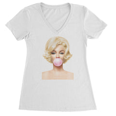 Ms. Monroe Pink Bubble Gum American Icon Ladies V-Neck T-shirt White