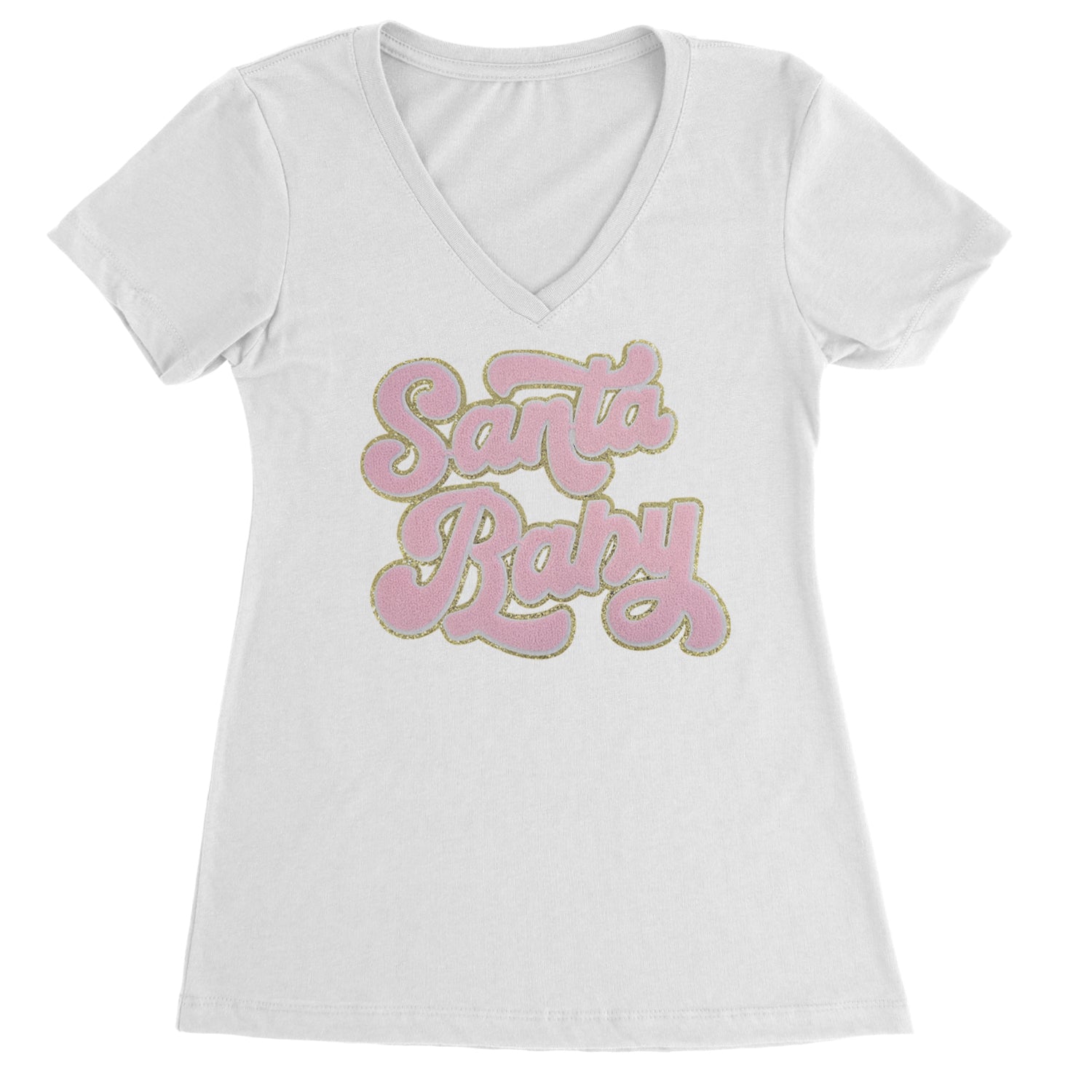 Pink Santa Baby Chenille Patch Ladies V-Neck T-shirt Black