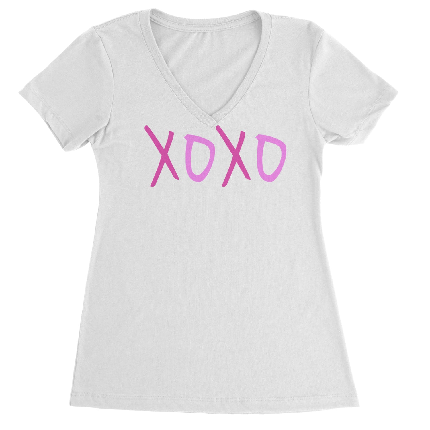 XOXO Pink Print Ladies V-Neck T-shirt White