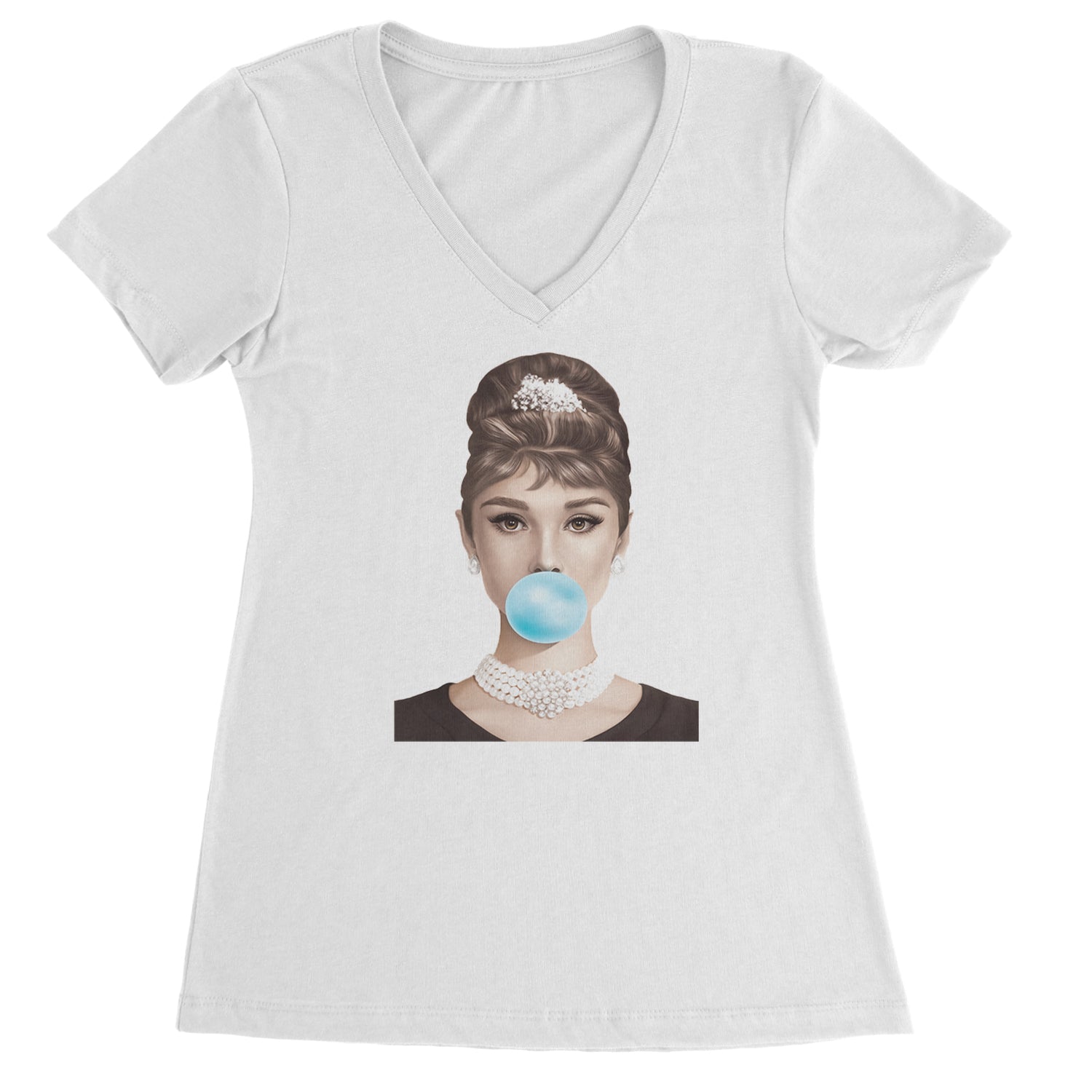Audrey Hepburn Chewing Bubble Gum American Icon Ladies V-Neck T-shirt Black