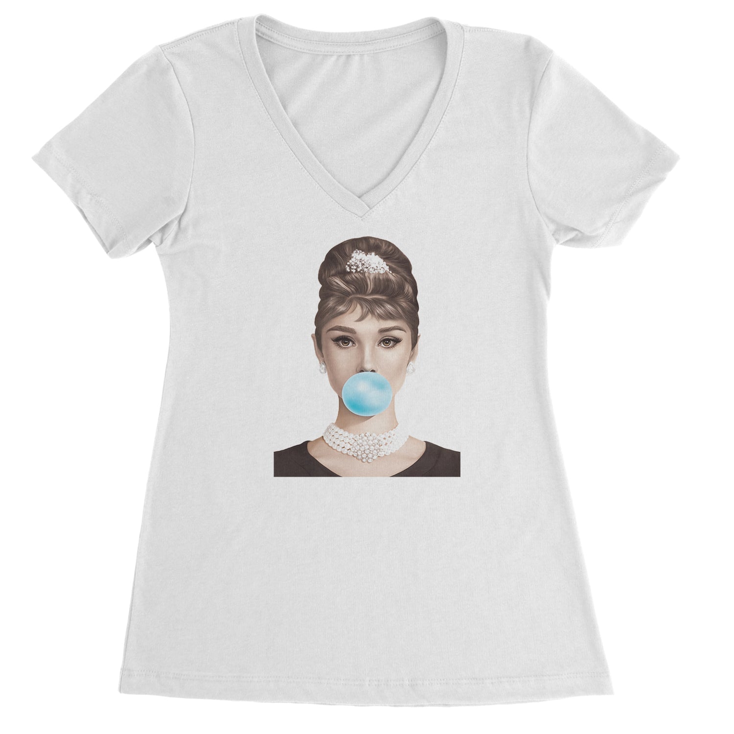Audrey Hepburn Chewing Bubble Gum American Icon Ladies V-Neck T-shirt White