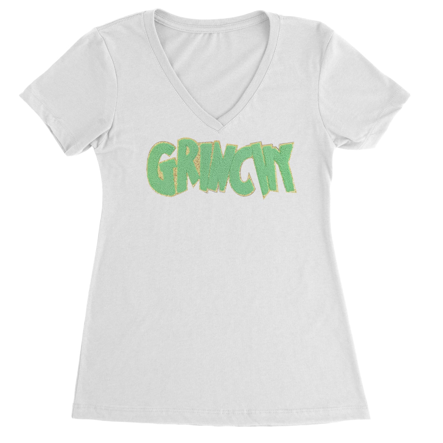 Green Gr-nchy Chenille Patch Ladies V-Neck T-shirt Black