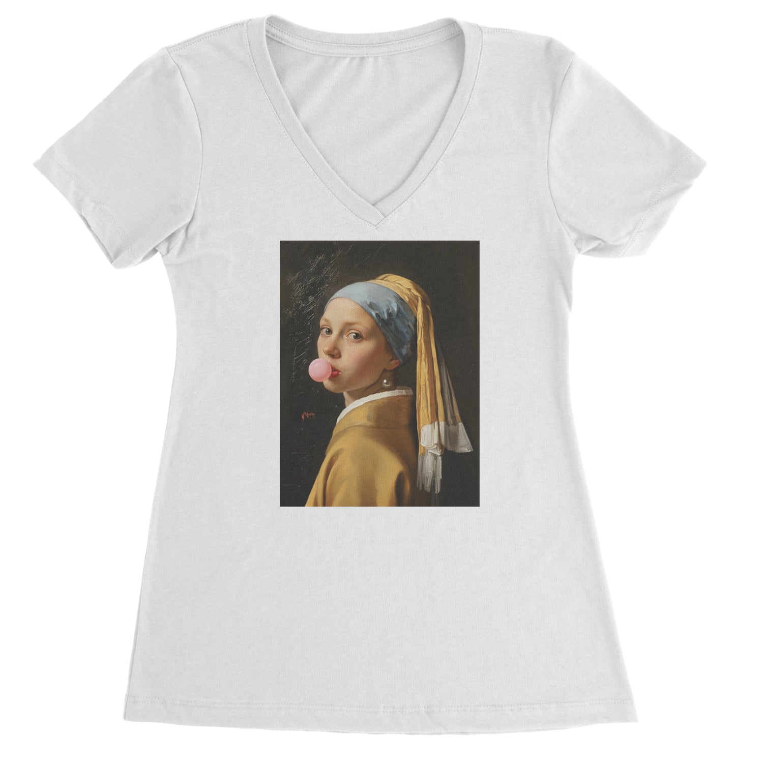 Girl with a Pearl Earring Bubble Gum Contemporary Art Ladies V-Neck T-shirt White