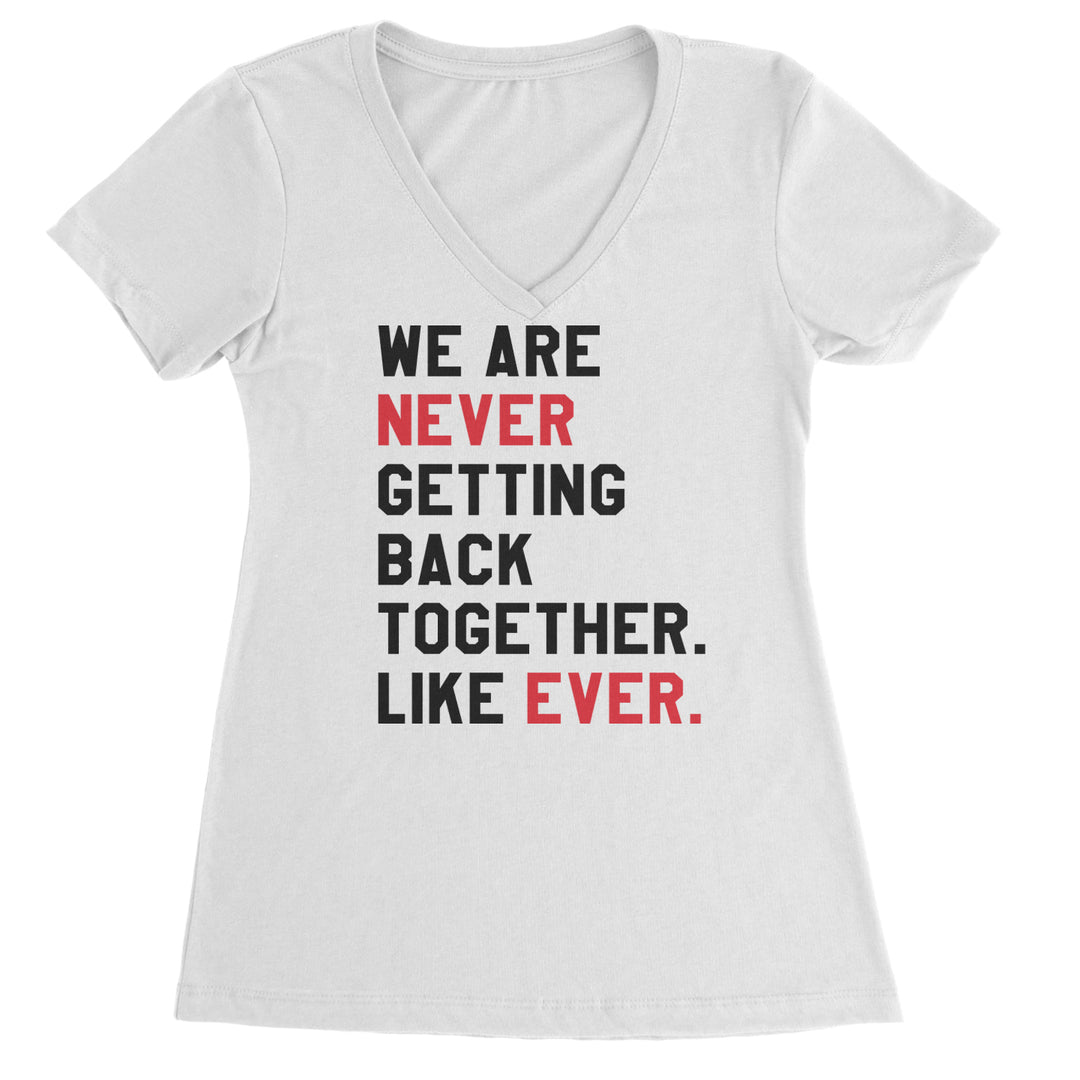 Black and red stacked all-caps breakup typography on a Women's Lightweight V-Neck T-Shirt
