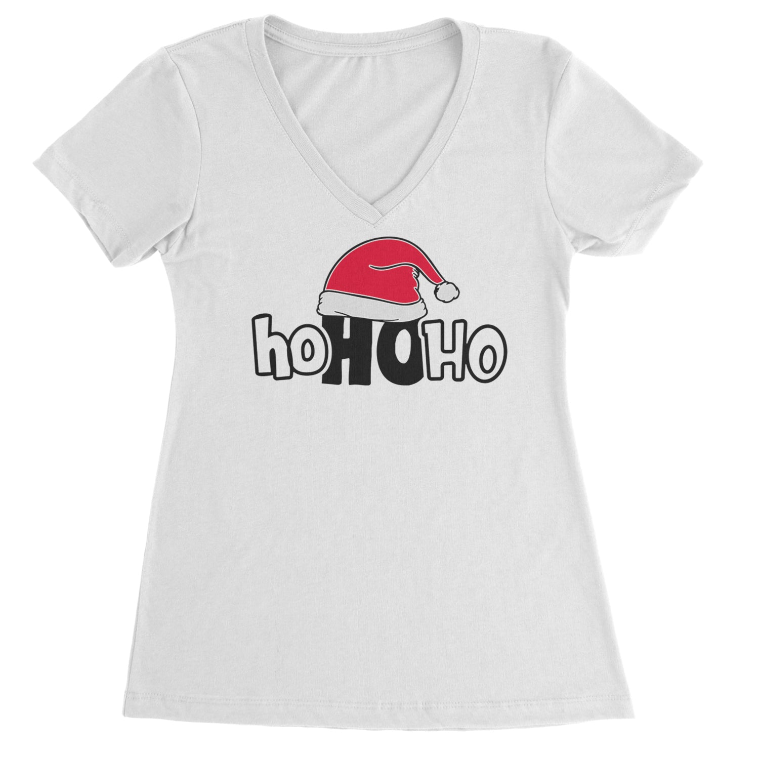 Ho Ho Ho Santa Christmas Hat Ladies V-Neck T-shirt White
