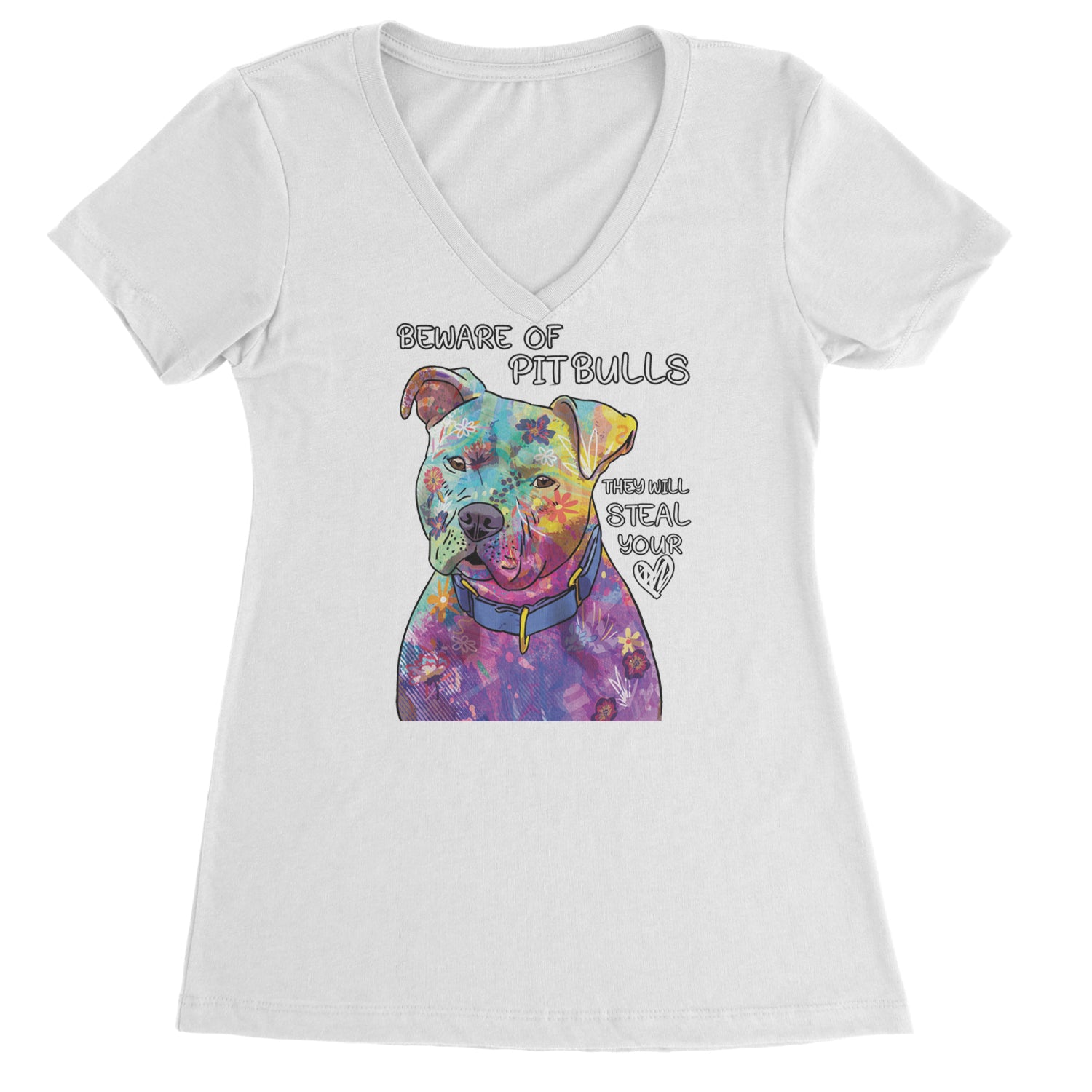 Beware Of Pit Bulls, They Will Steal Your Heart  Ladies V-Neck T-shirt White