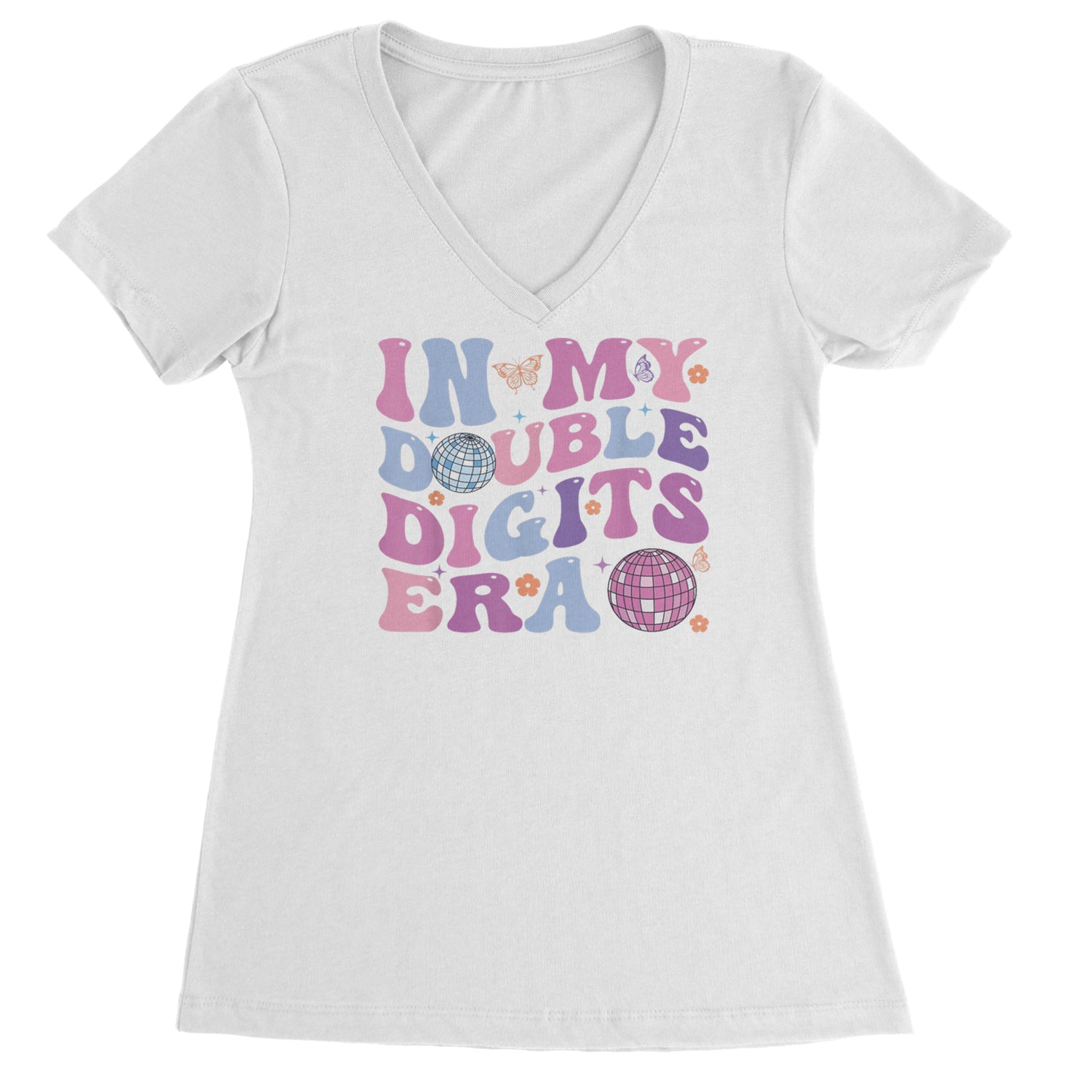 In My Double Digits Era Retro 10 Year Old 10th Birthday Ladies V-Neck T-shirt White