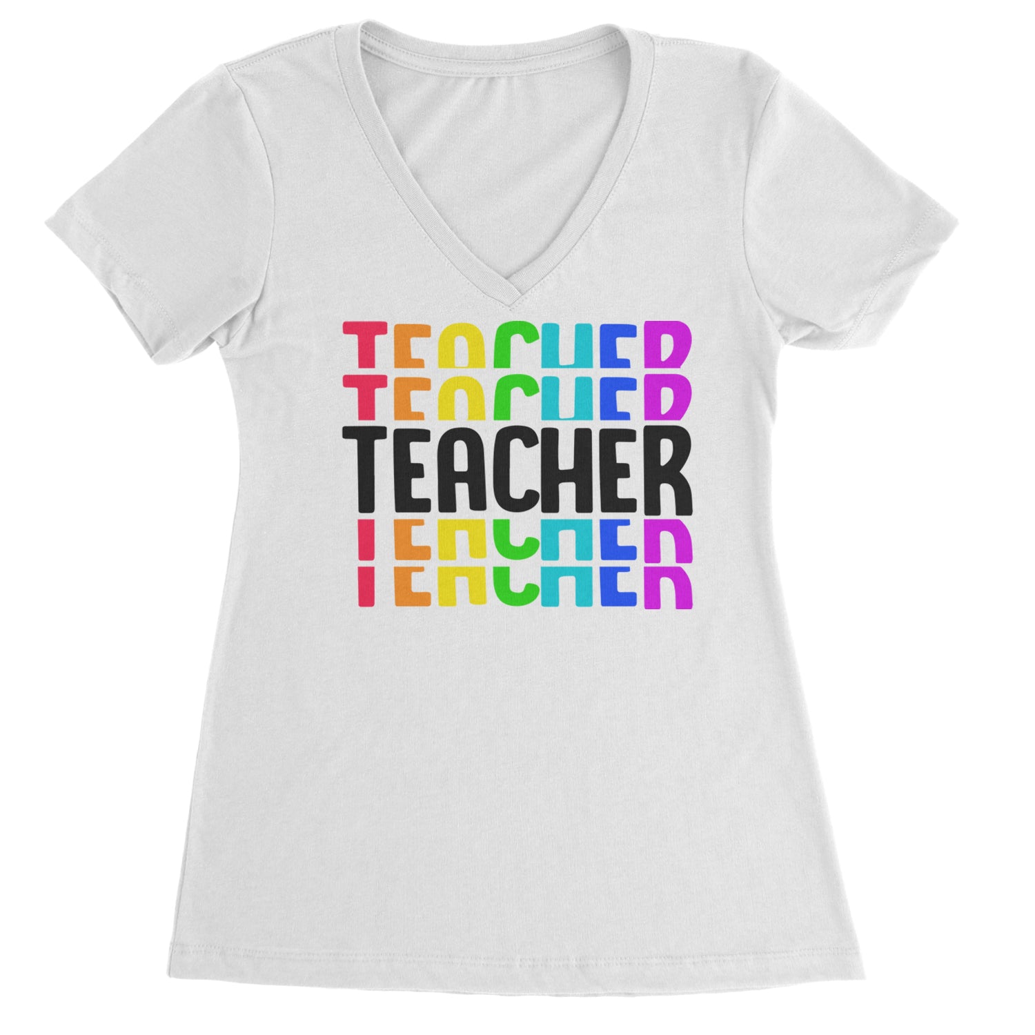 Teacher Repeated Rainbow Pattern Ladies V-Neck T-shirt White