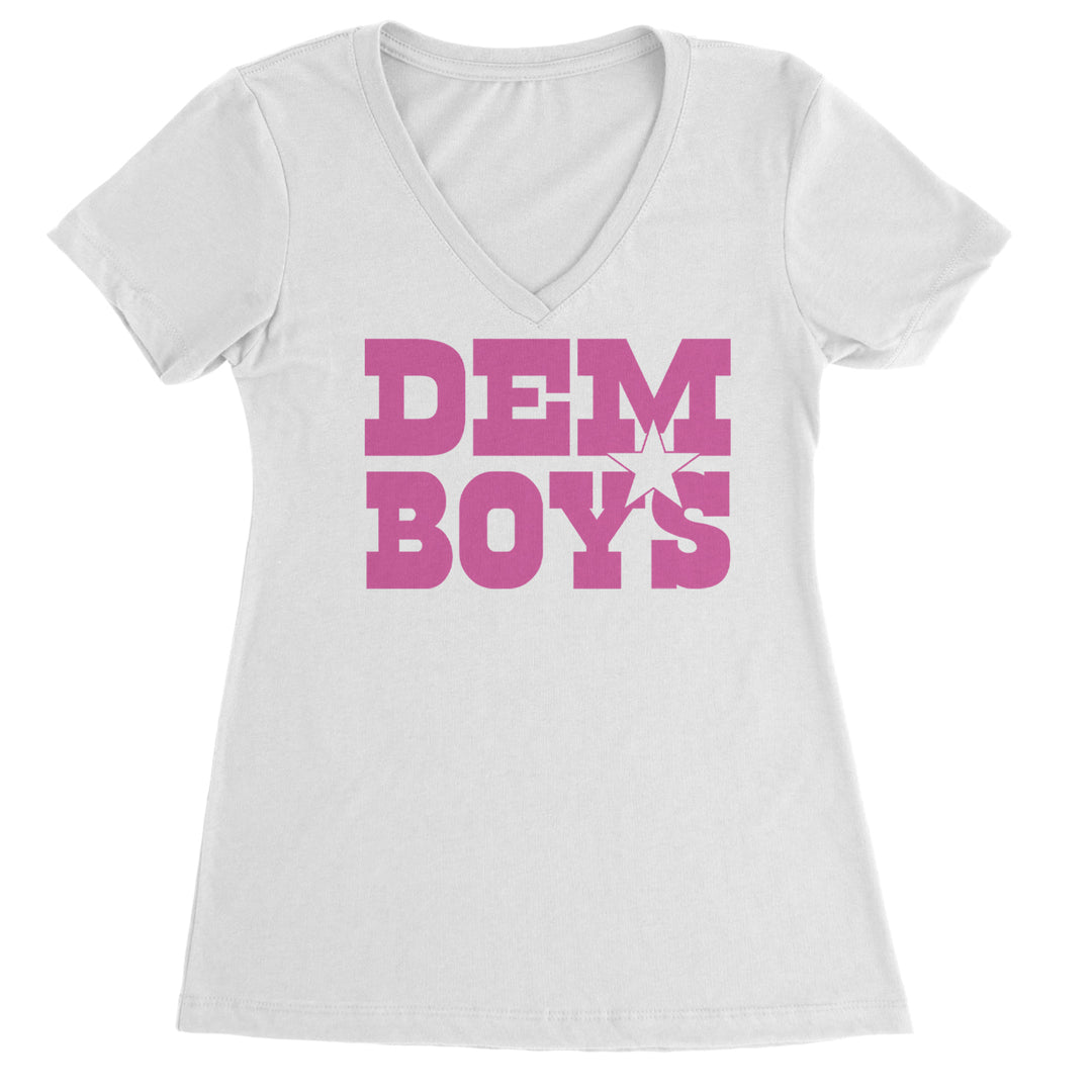 Hot pink "Dem Boys" text with a star accent printed on a Women's Lightweight V-Neck T-Shirt