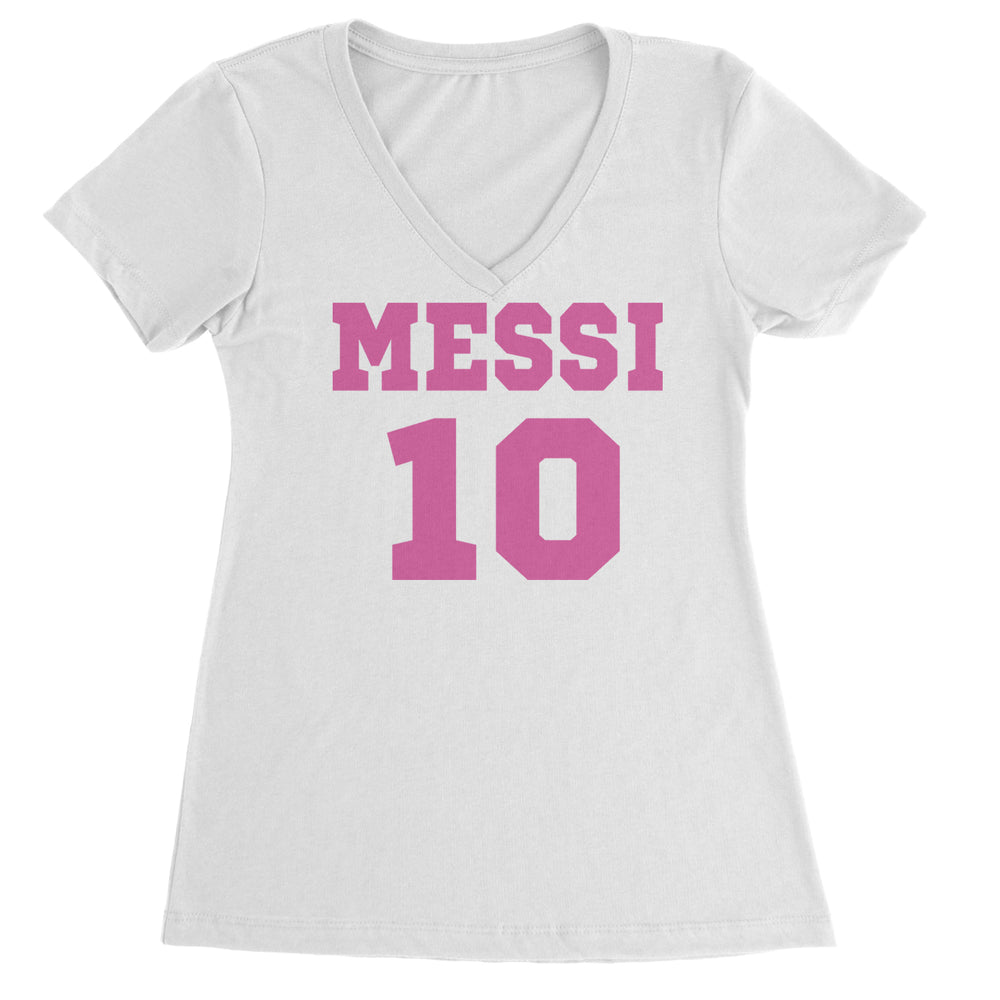 Messi World Soccer Futbol Messiami Ladies V-Neck T-shirt White