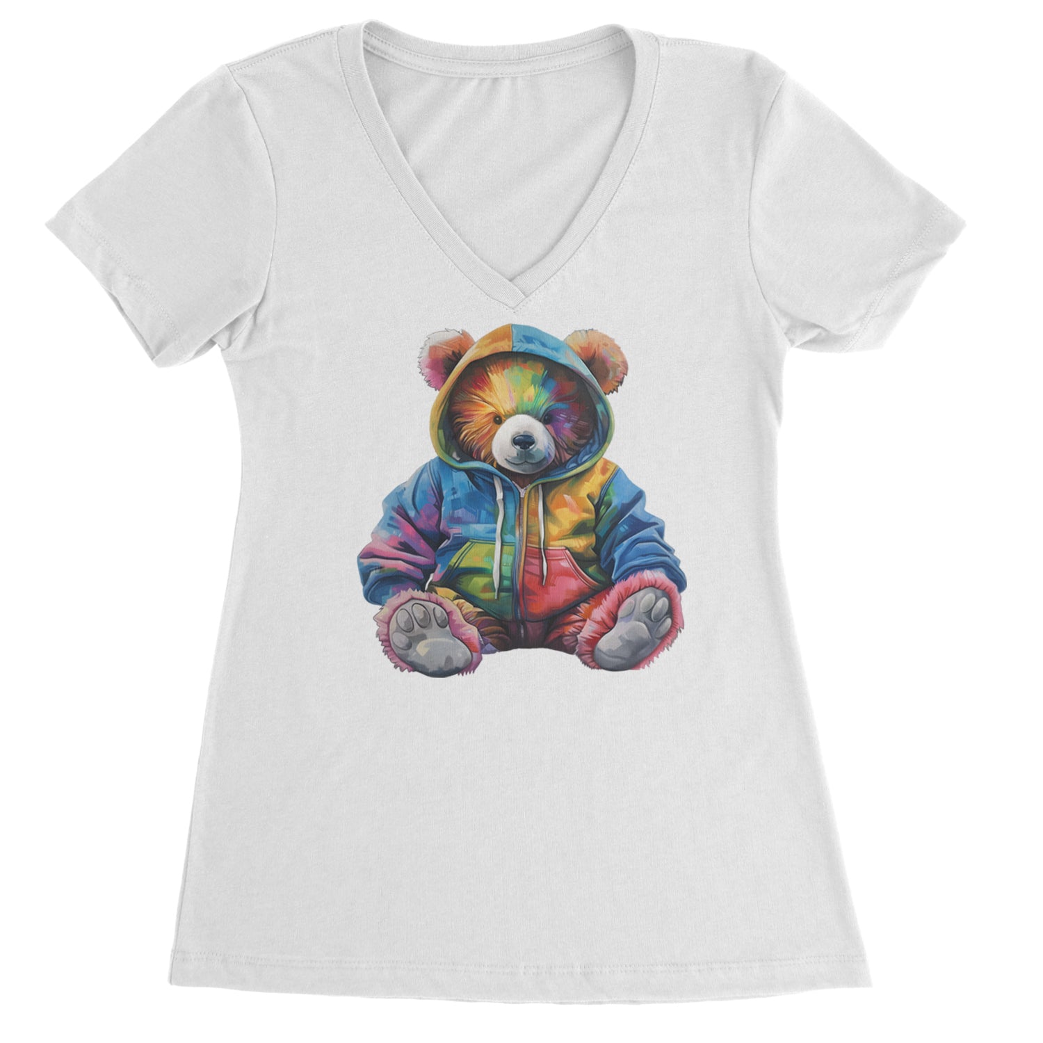 Rainbow Streetwear Urban Graffiti Bear Ladies V-Neck T-shirt Black