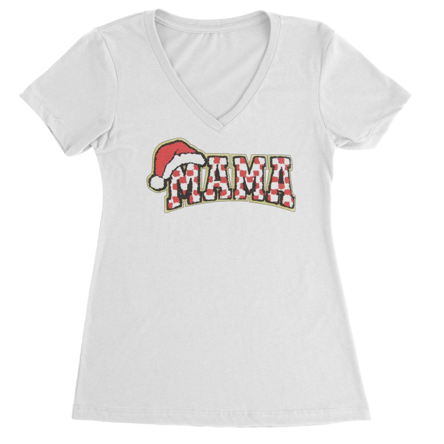 Mama Santa Hat Chenille Patch Ladies V-Neck T-shirt Black