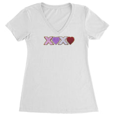 XOXO Chenille Patch Valentines Days Ladies V-Neck T-shirt White