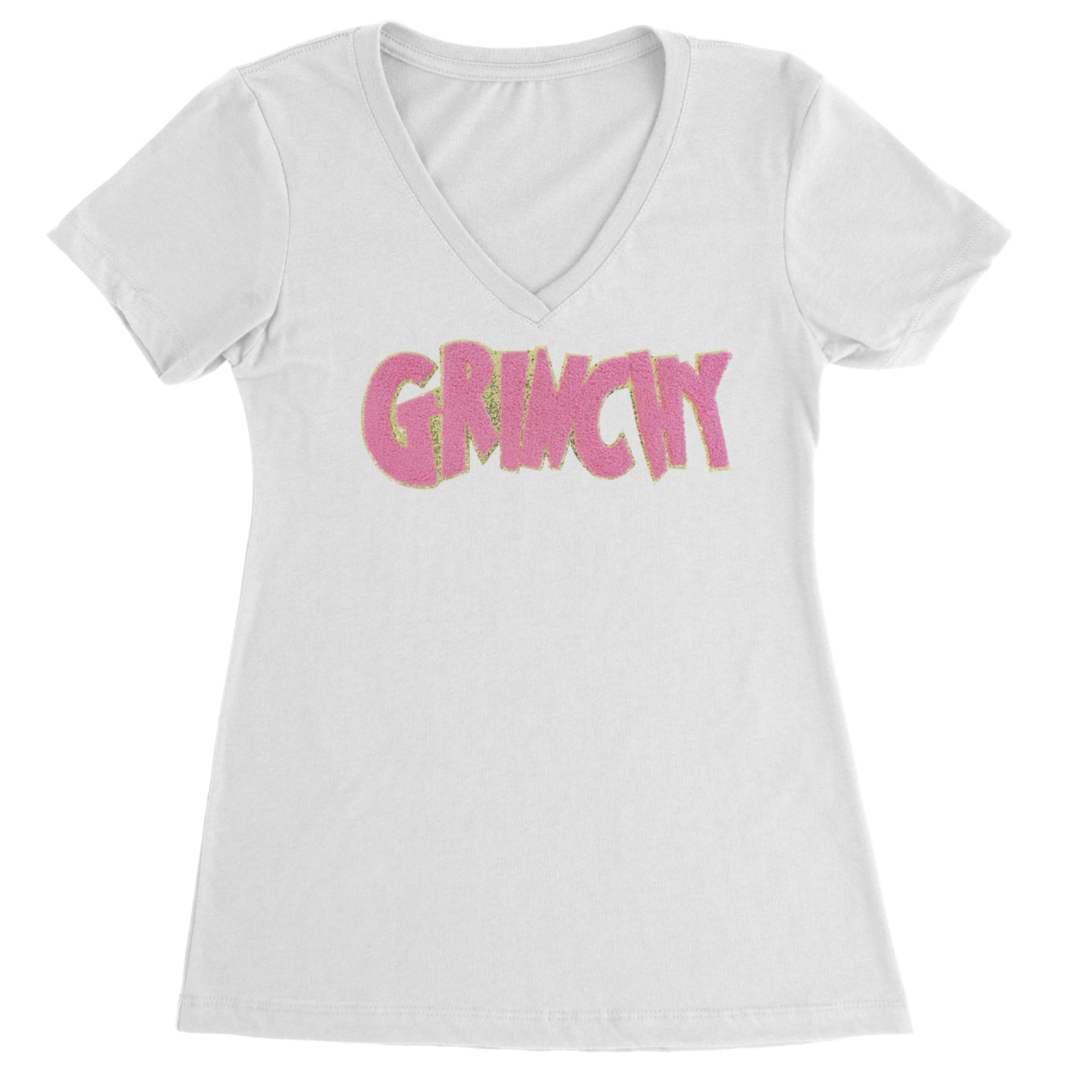 Pink Gr-nchy Chenille Patch Ladies V-Neck T-shirt Black