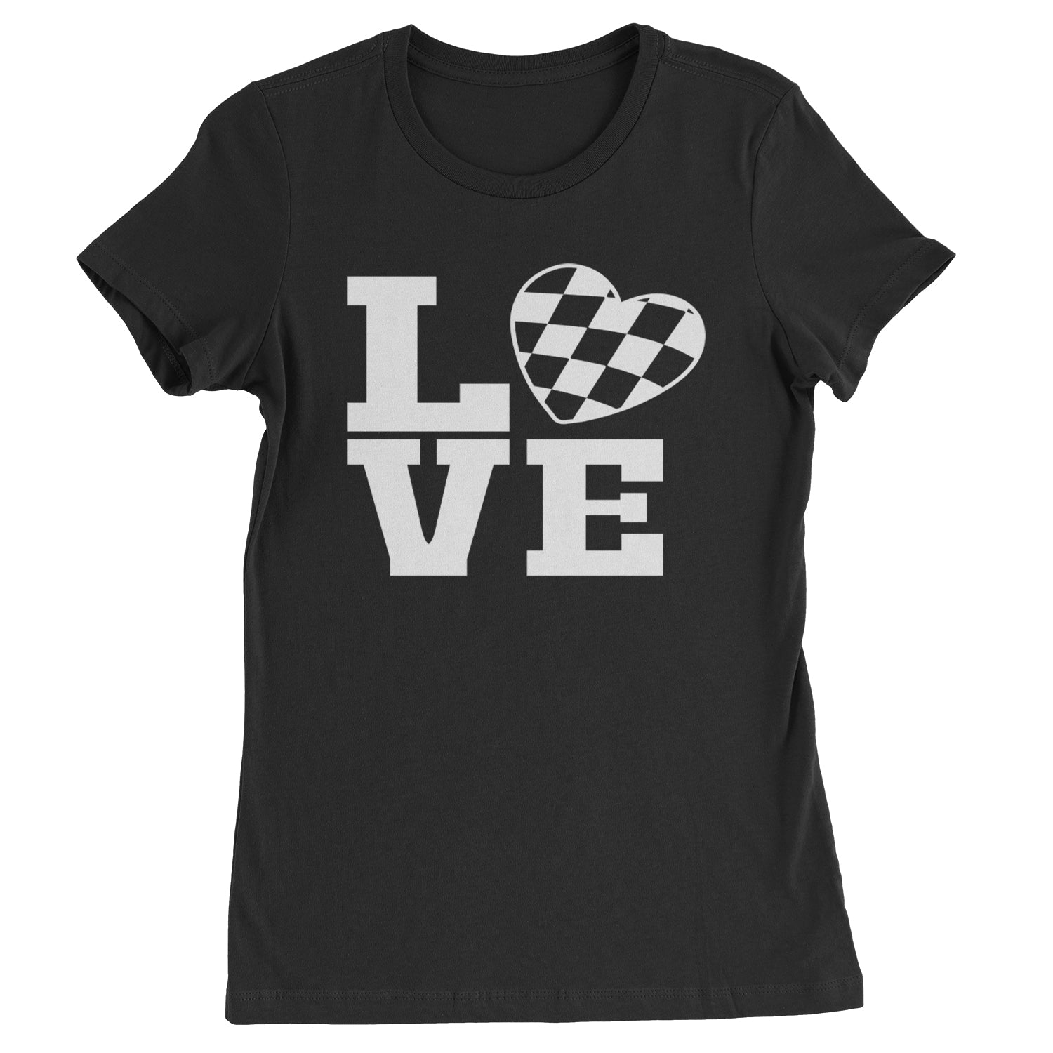 Love Racing Checkered Flag Heart Womens T-shirt Black