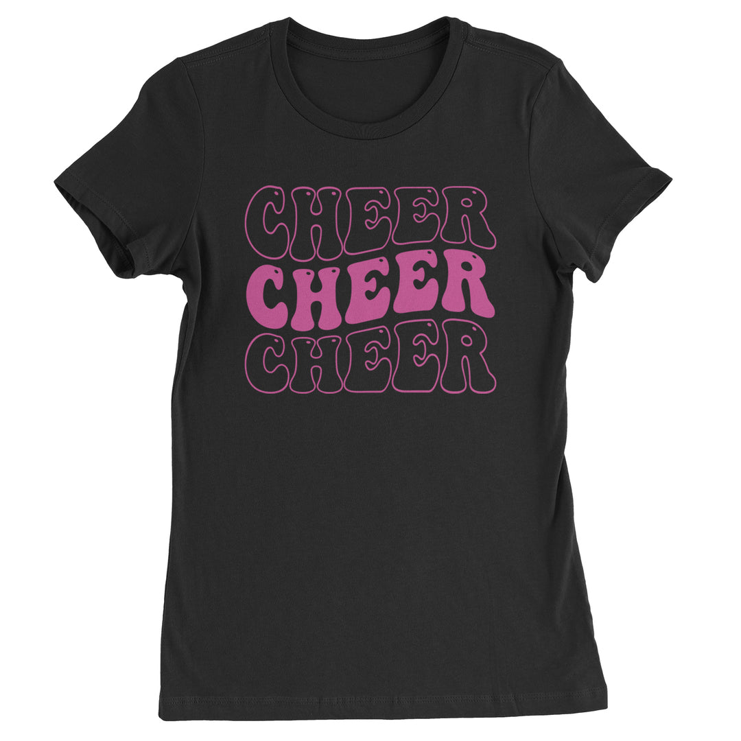 Colorful "Cheer Cheer Cheer" chant graphic on a Women's Heavyweight Cotton T-Shirt with crew neck and cap sleeves