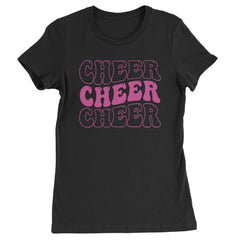 Colorful "Cheer Cheer Cheer" chant graphic on a Women's Heavyweight Cotton T-Shirt with crew neck and cap sleeves