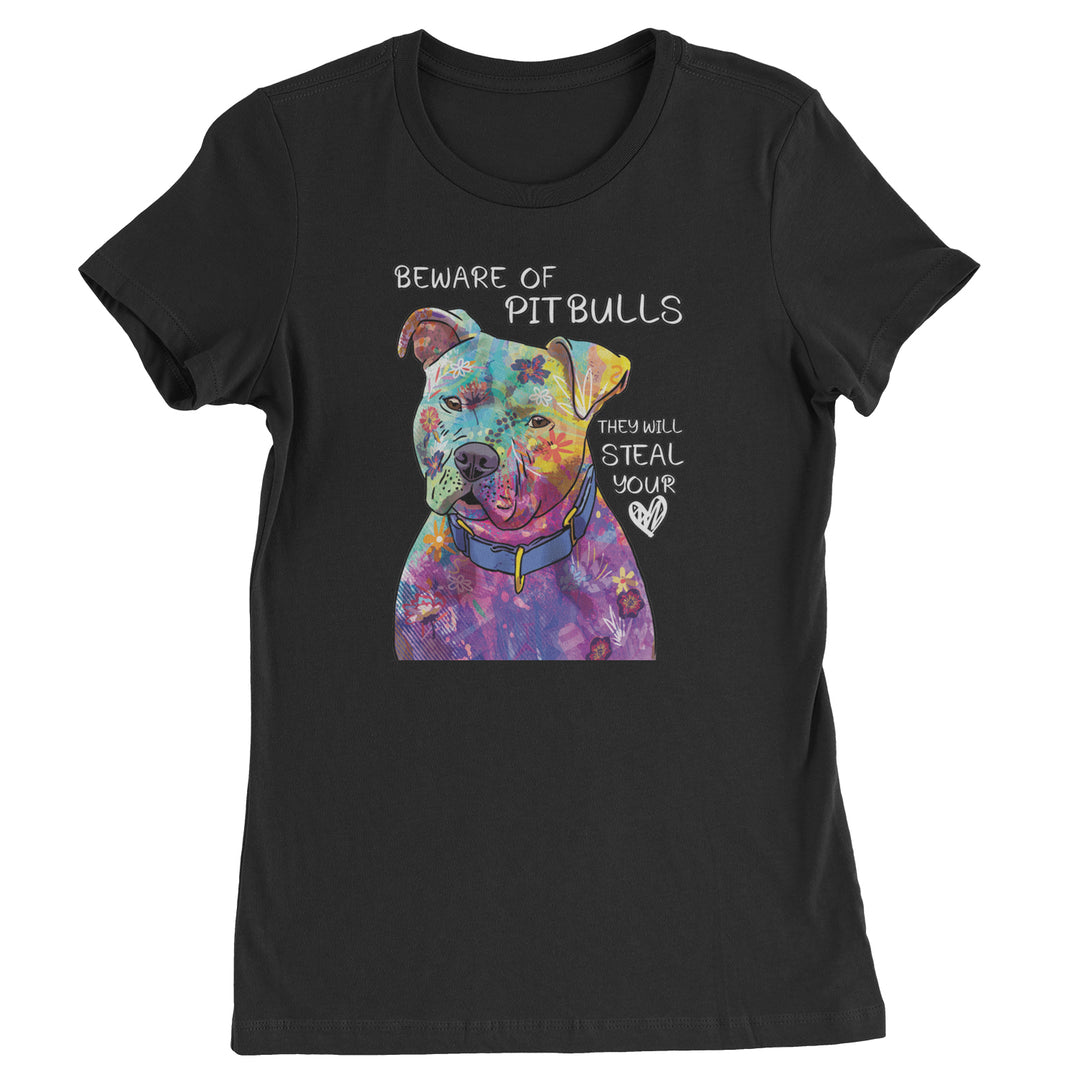 Watercolor pit bull portrait graphic on a Women's Heavyweight Cotton T-Shirt with crew neck and short cap sleeves