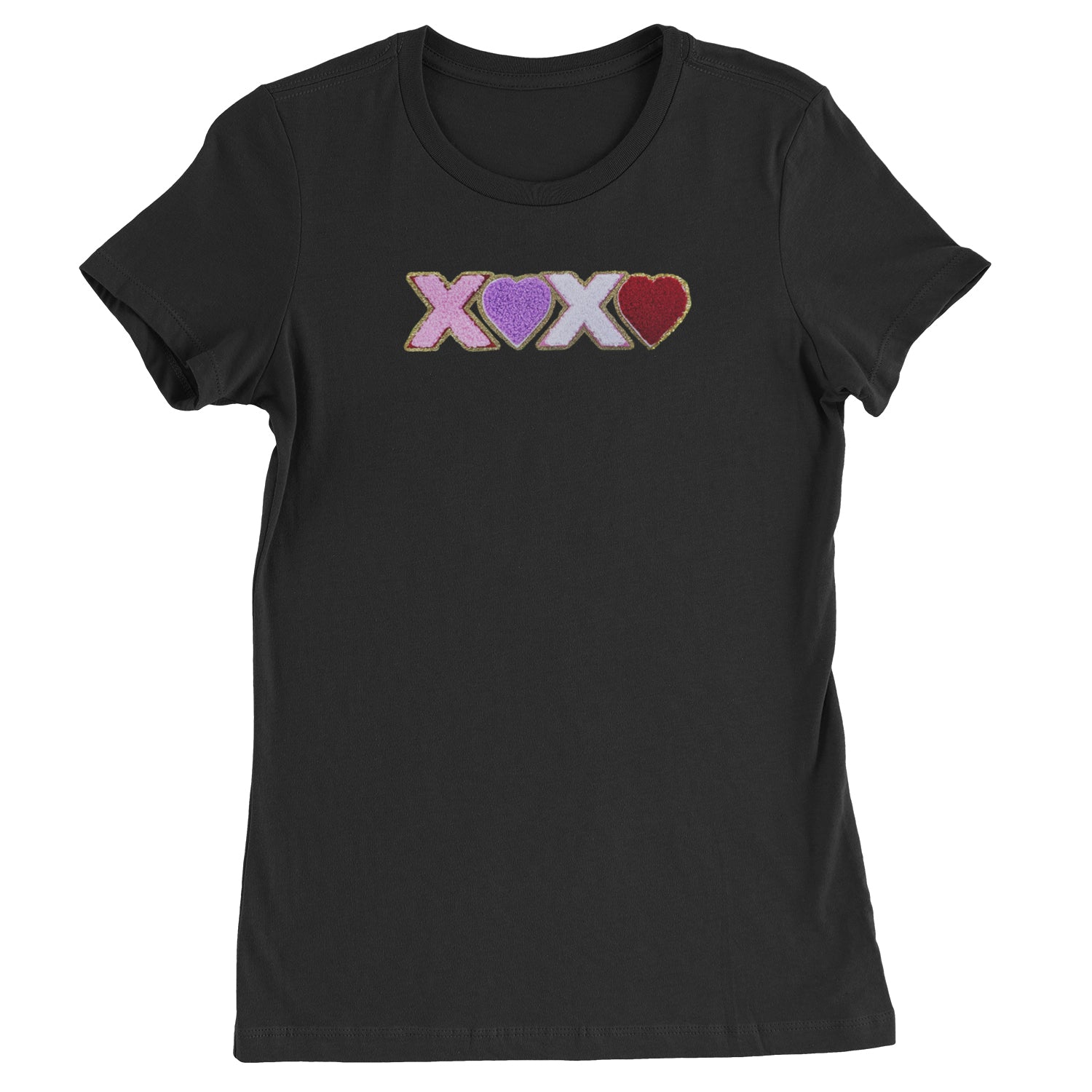 XOXO Chenille Patch Valentines Days  Womens T-shirt Black