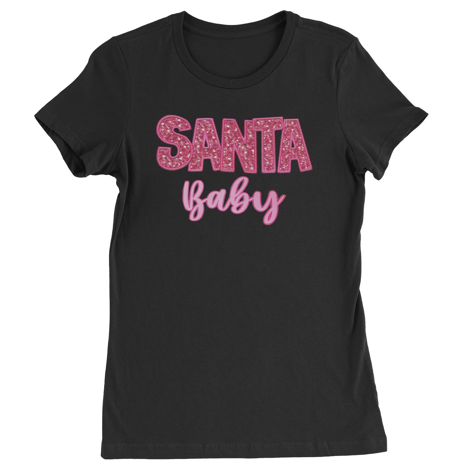 Santa Baby Faux Patch and Sequins  Womens T-shirt Light Pink