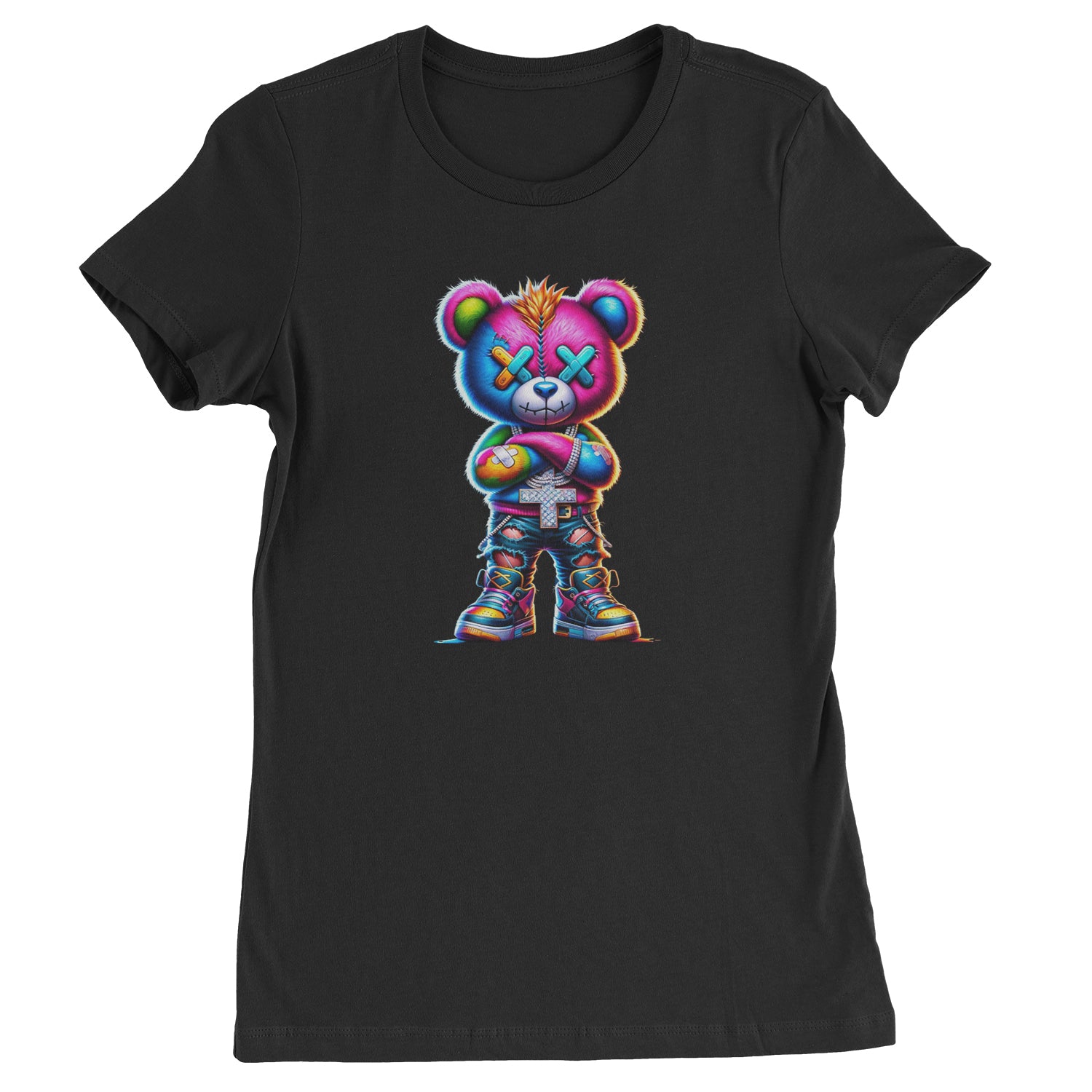 Stitched Neon Urban Graffiti Bear  Womens T-shirt Black