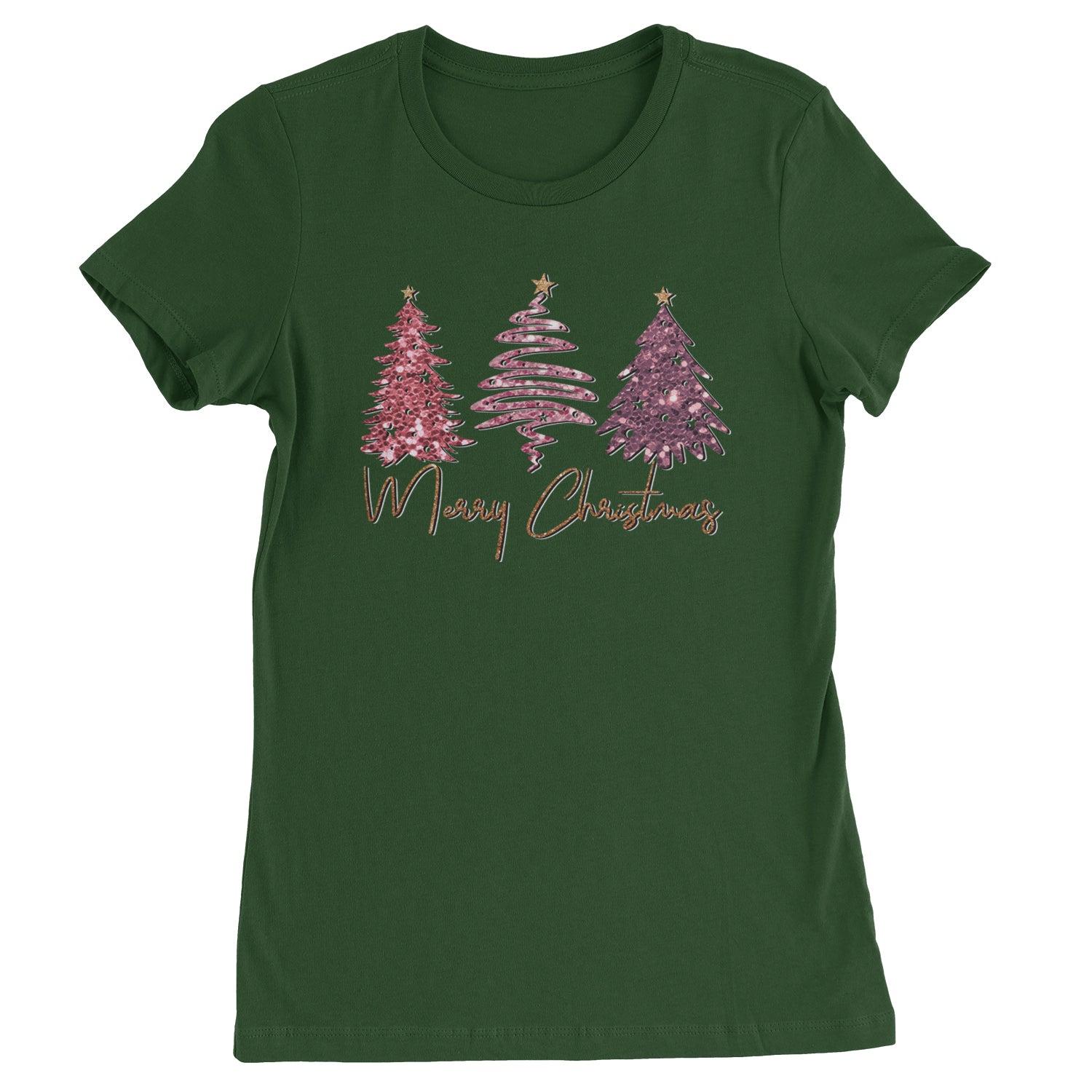 Merry Christmas Faux Glitter Trees  Womens T-shirt Forest Green