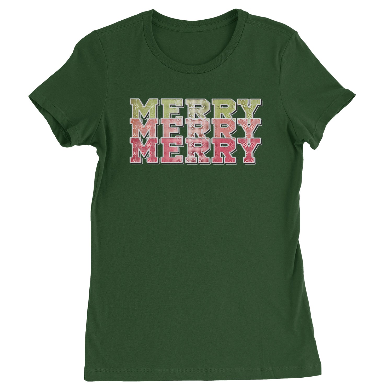 Merry Merry Merry Faux Sequins  Womens T-shirt Forest Green