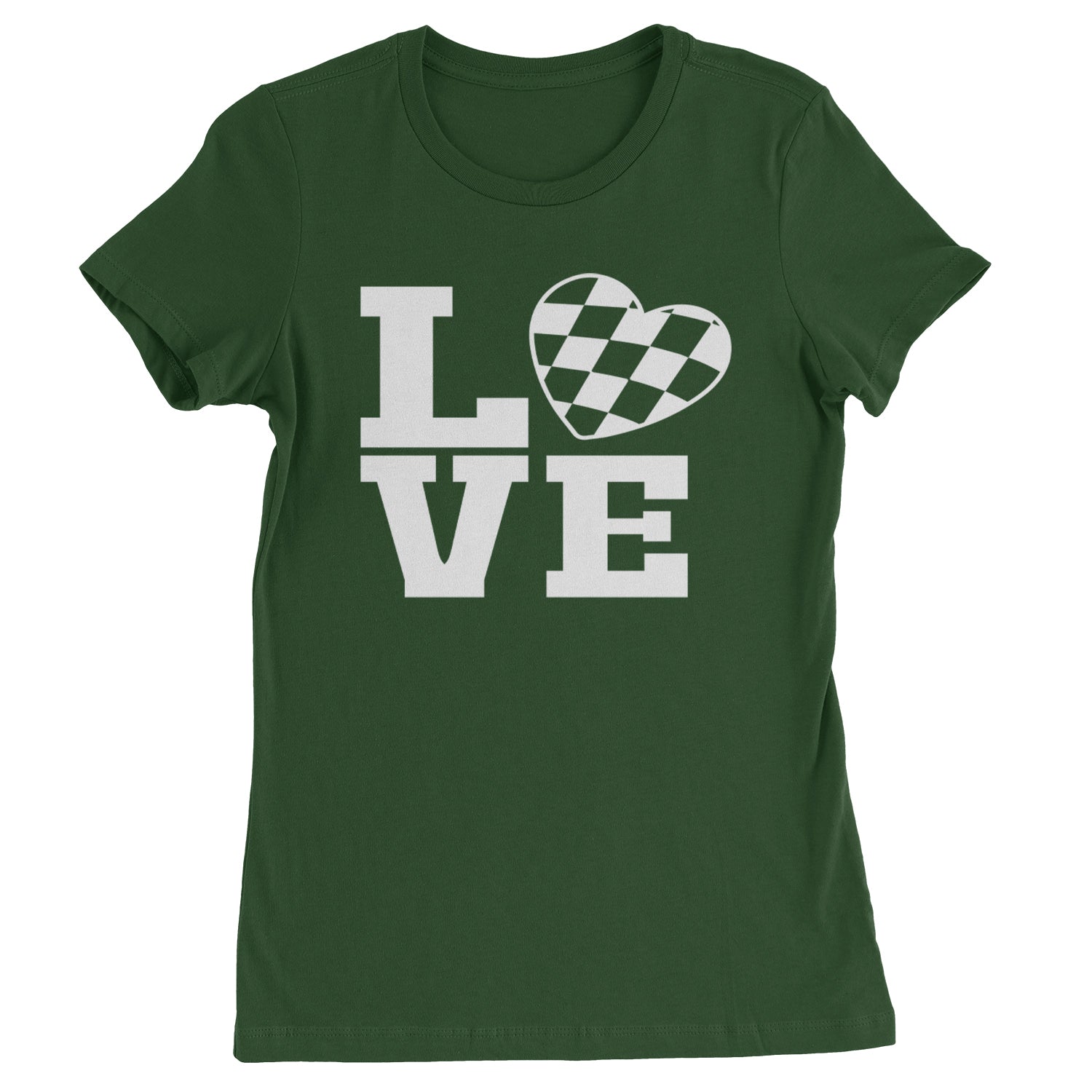 Love Racing Checkered Flag Heart Womens T-shirt Forest Green