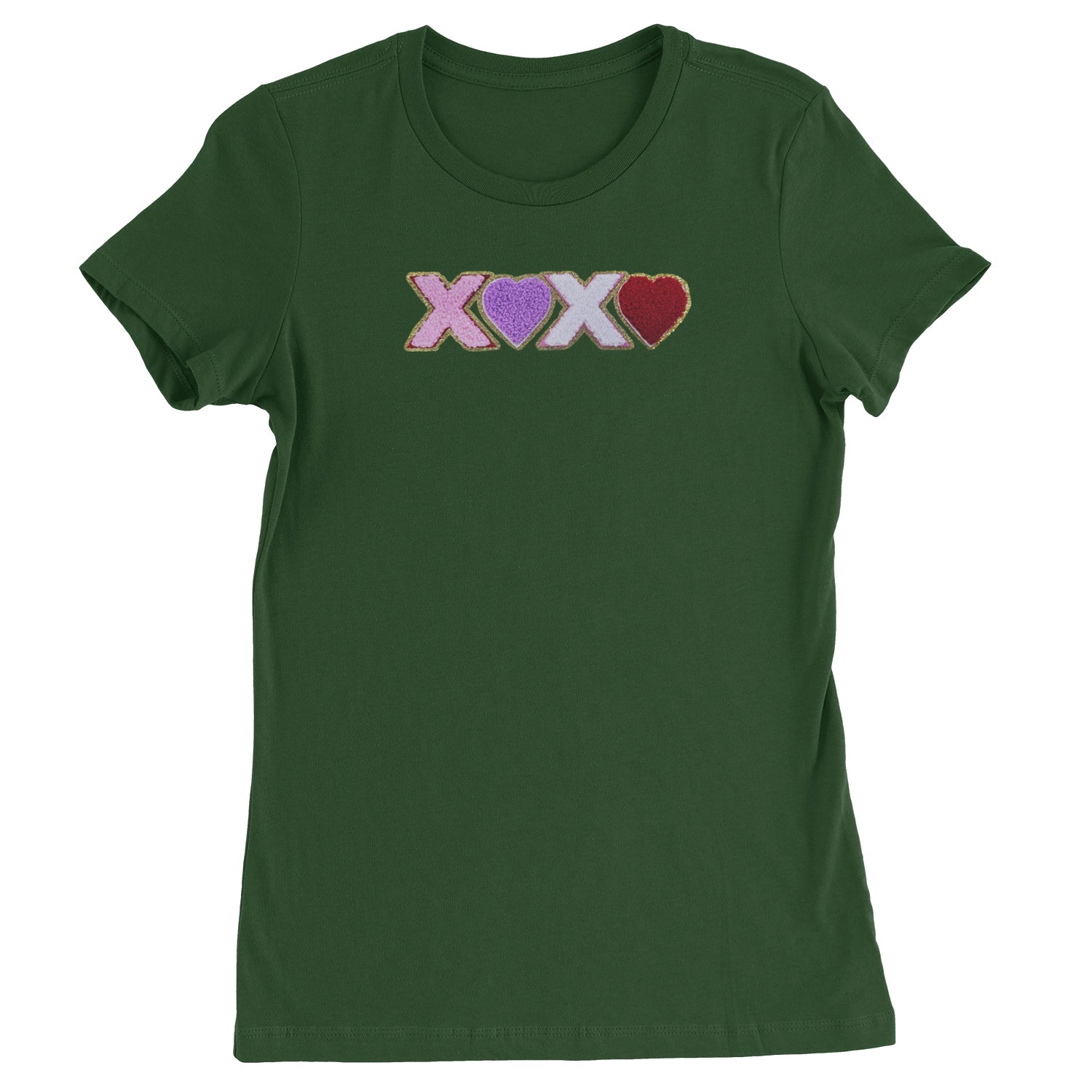 XOXO Chenille Patch Valentines Days  Womens T-shirt Forest Green