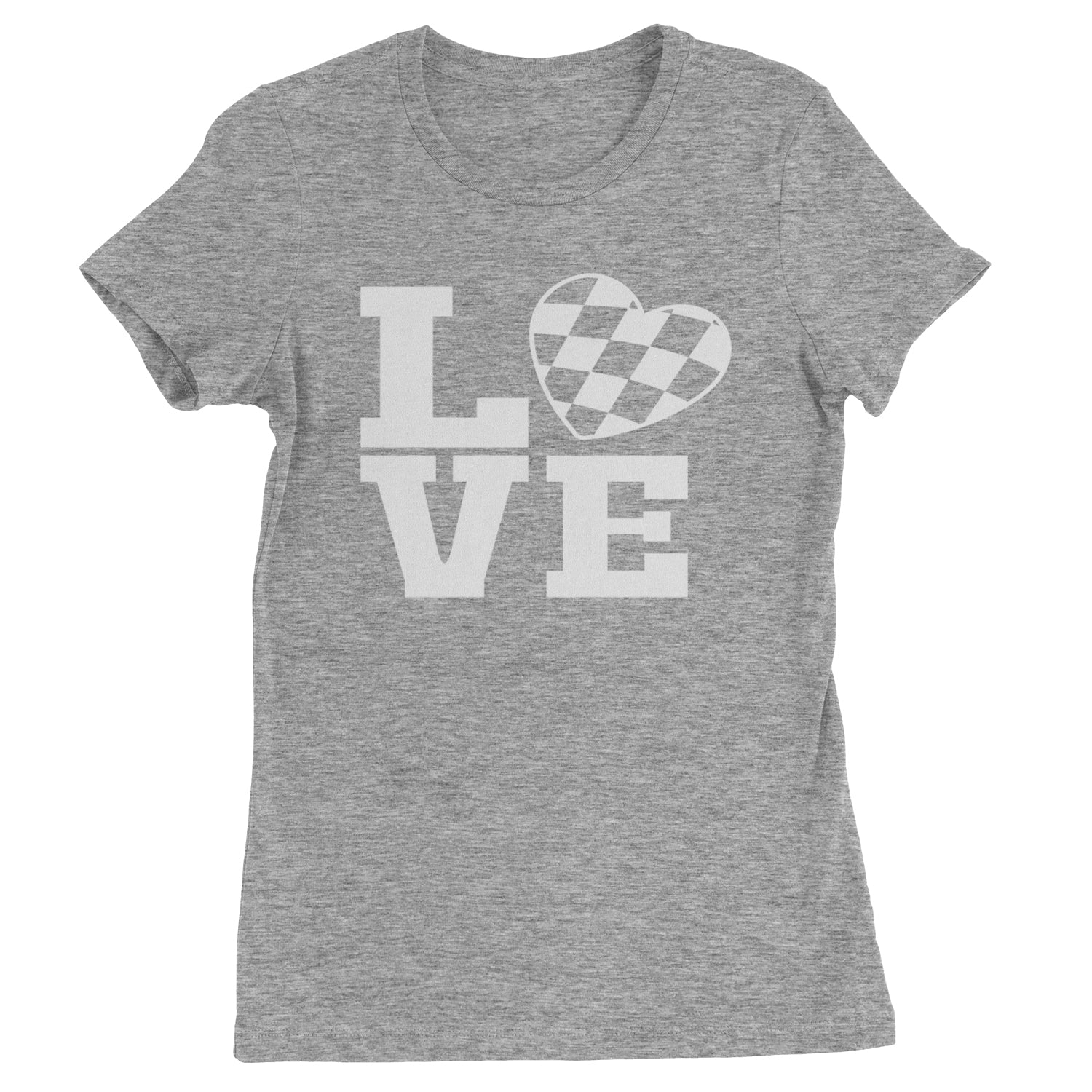 Love Racing Checkered Flag Heart Womens T-shirt Heather Grey