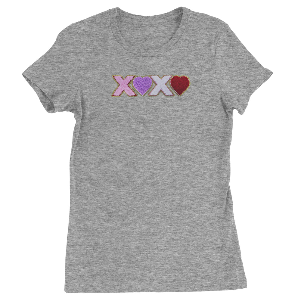 XOXO Chenille Patch Valentines Days  Womens T-shirt Heather Grey
