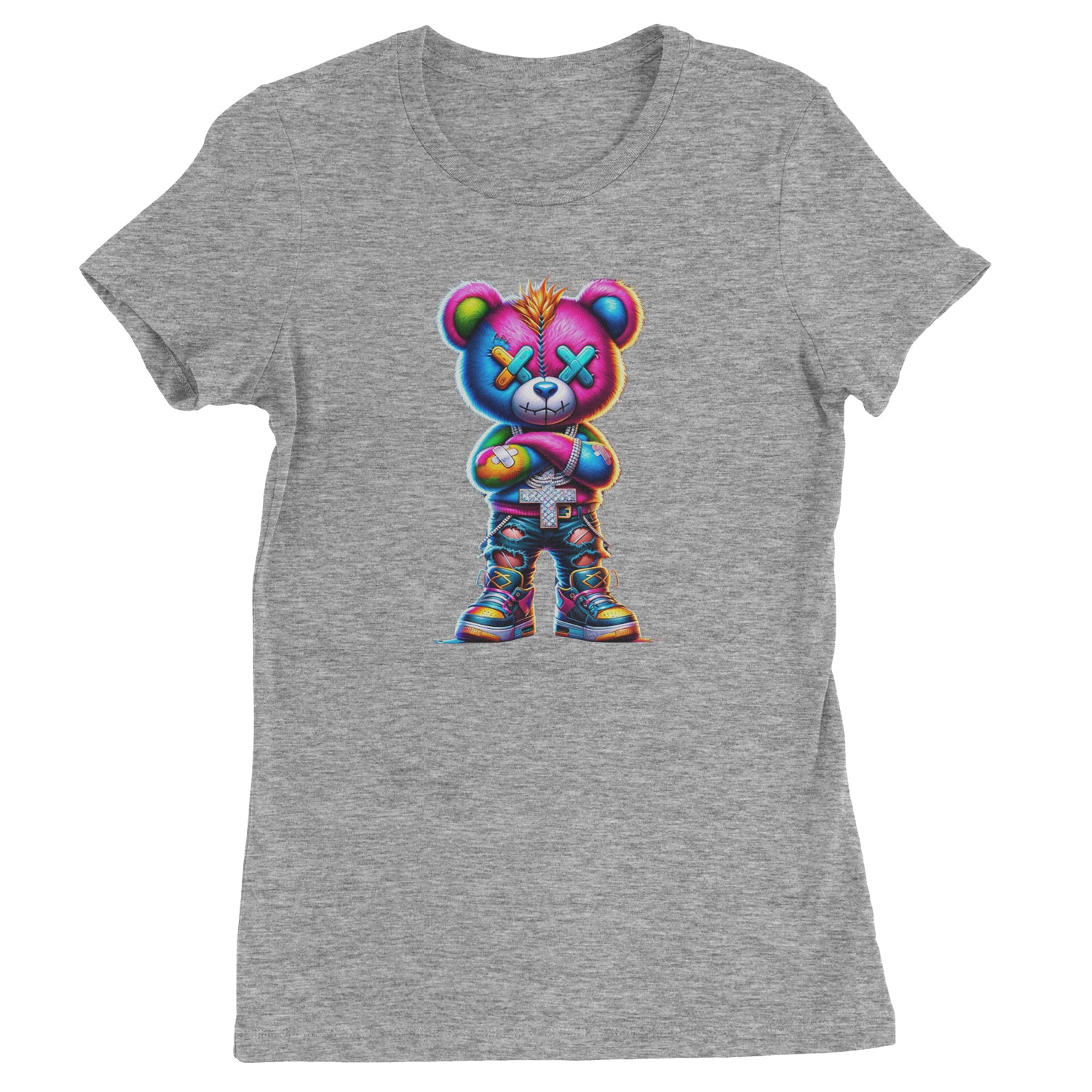 Stitched Neon Urban Graffiti Bear  Womens T-shirt Heather Grey