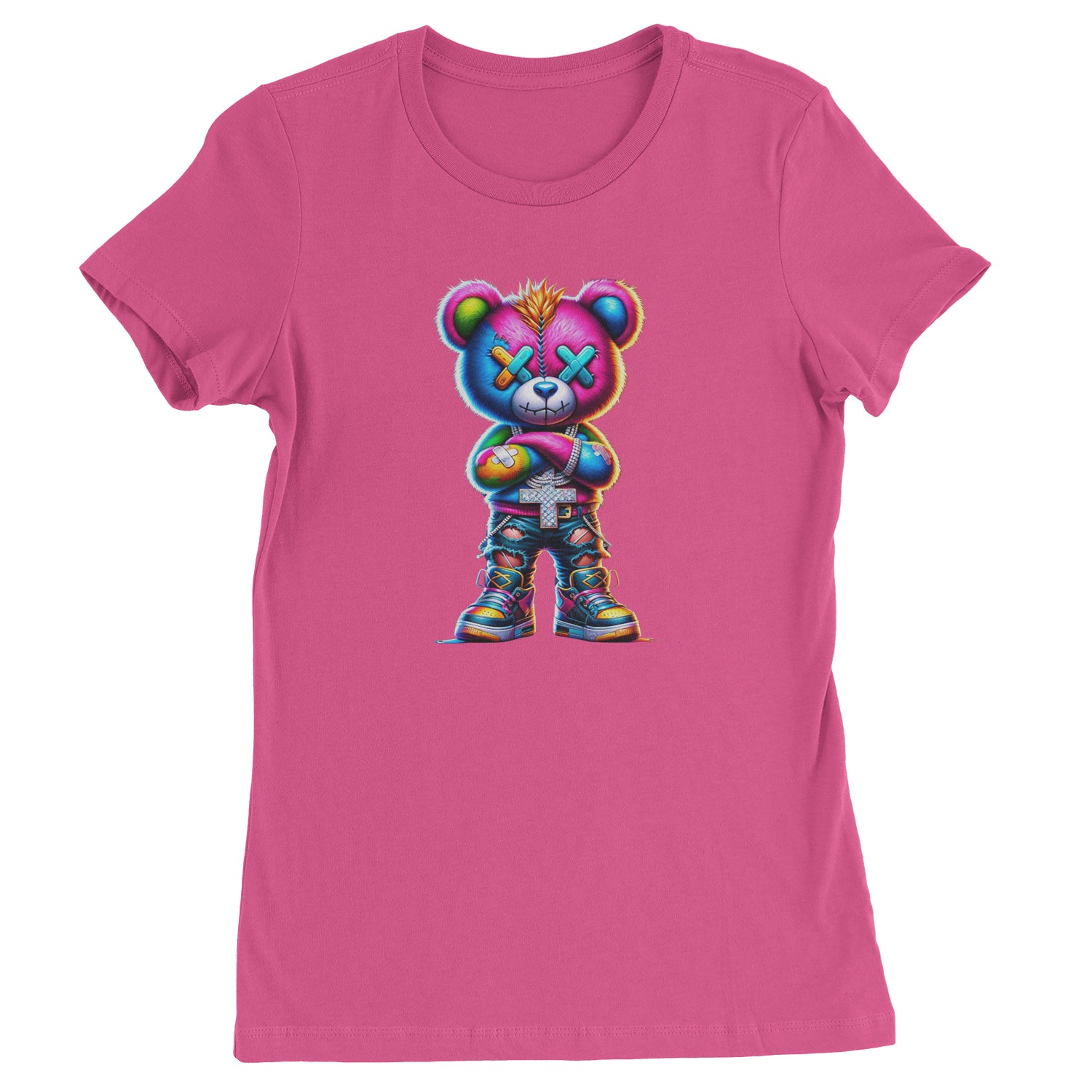 Stitched Neon Urban Graffiti Bear  Womens T-shirt Hot Pink