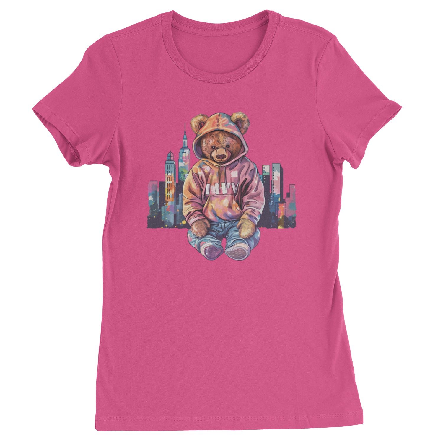 City Skyline Urban Graffiti Bear  Womens T-shirt Hot Pink