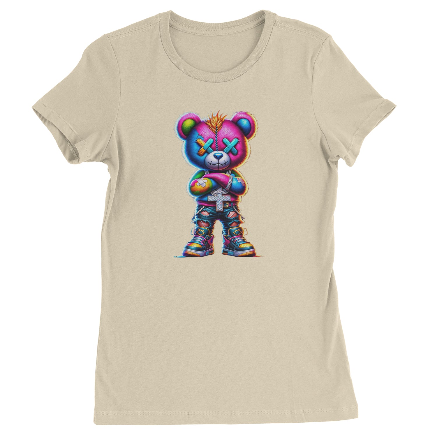 Stitched Neon Urban Graffiti Bear  Womens T-shirt Ivory