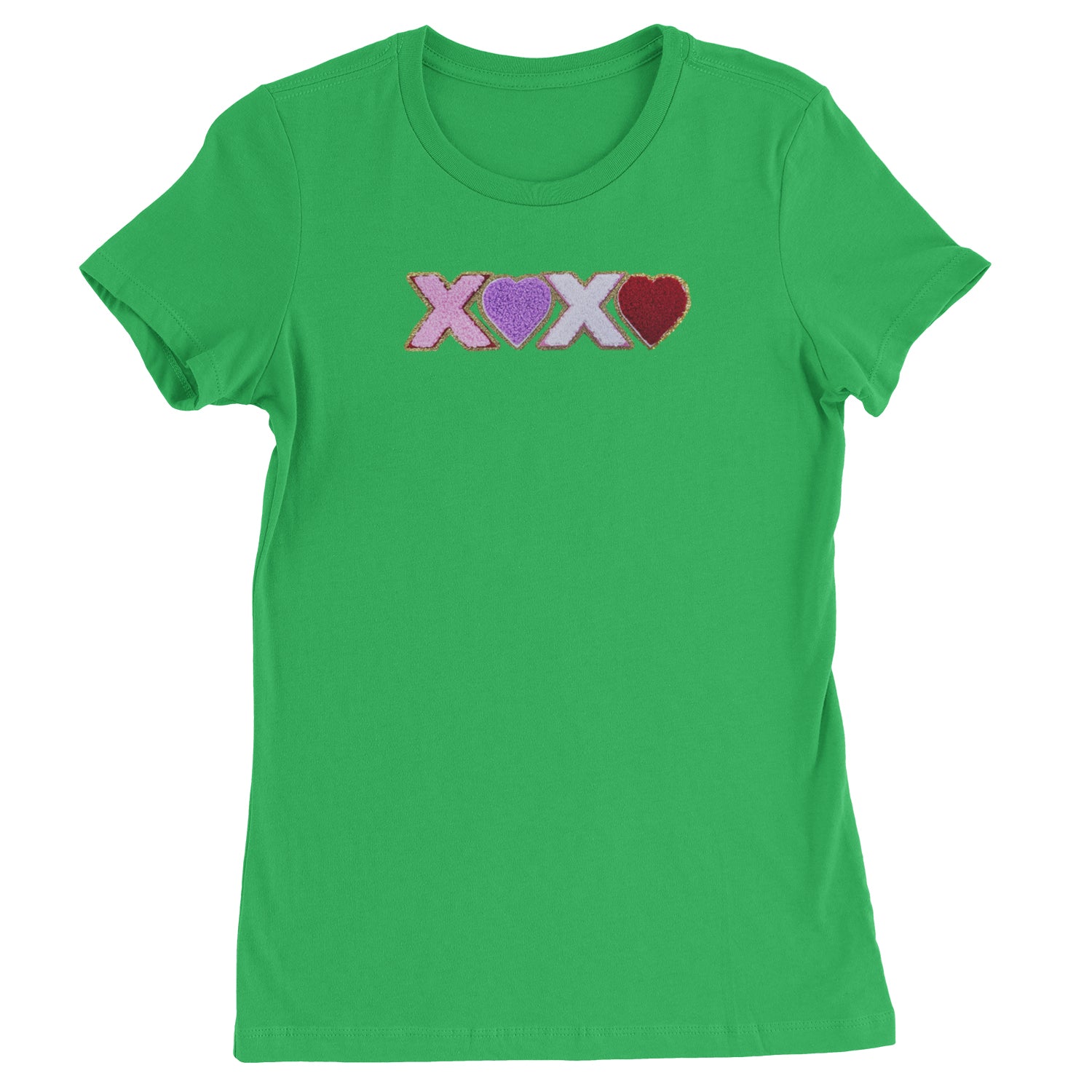 XOXO Chenille Patch Valentines Days  Womens T-shirt Kelly Green