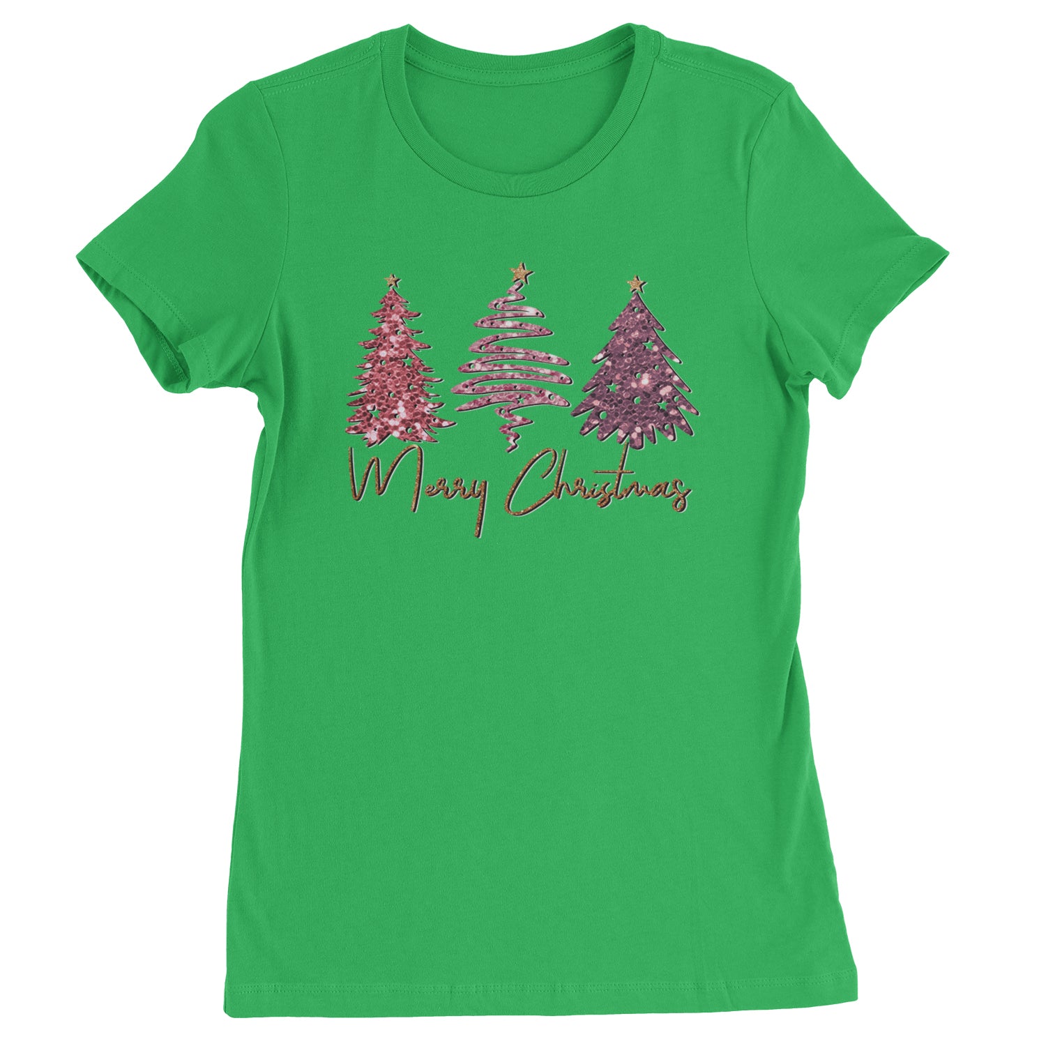 Merry Christmas Faux Glitter Trees  Womens T-shirt Kelly Green