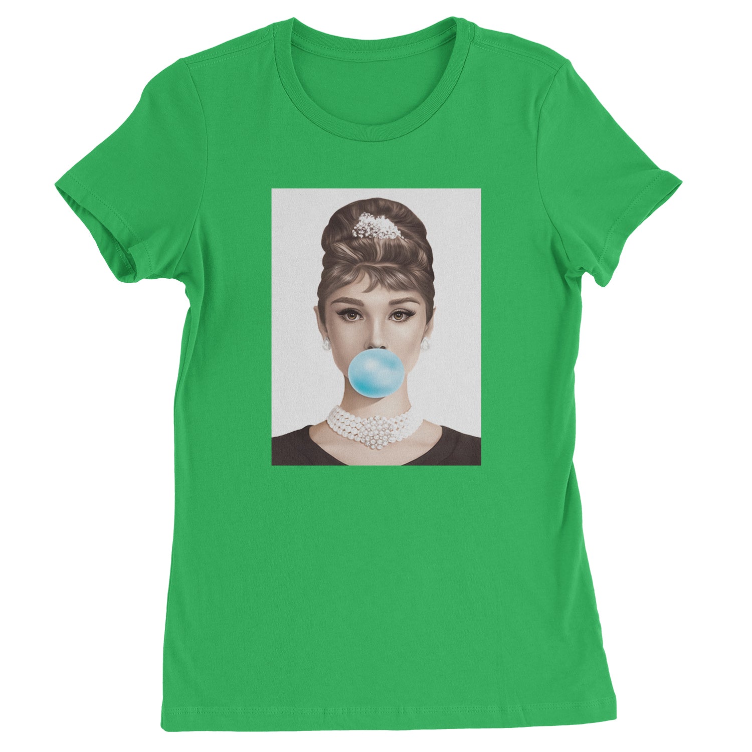 Audrey Hepburn Chewing Bubble Gum American Icon Womens T-shirt Kelly Green