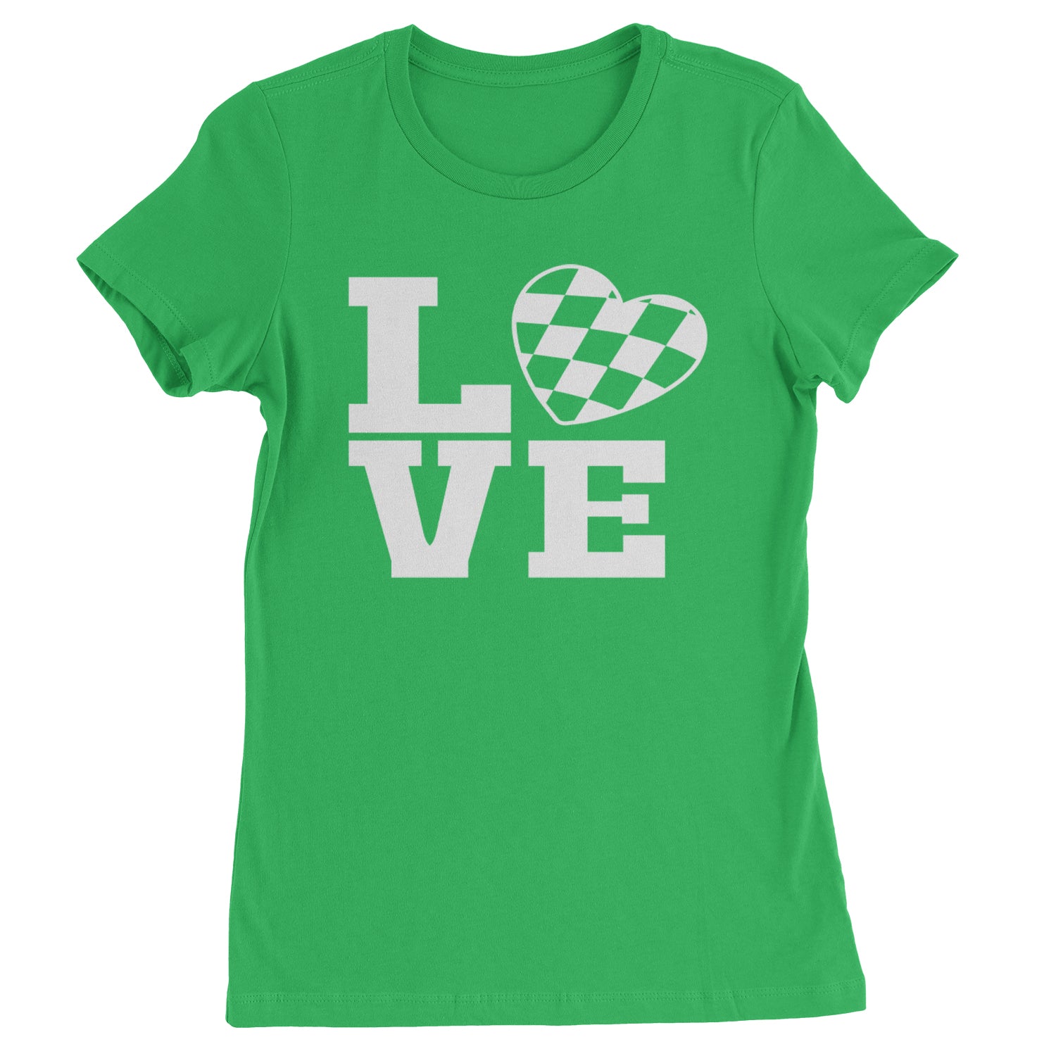 Love Racing Checkered Flag Heart Womens T-shirt Kelly Green