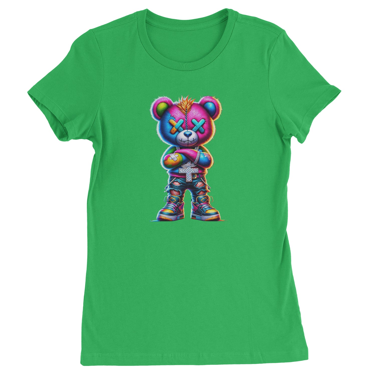 Stitched Neon Urban Graffiti Bear  Womens T-shirt Kelly Green