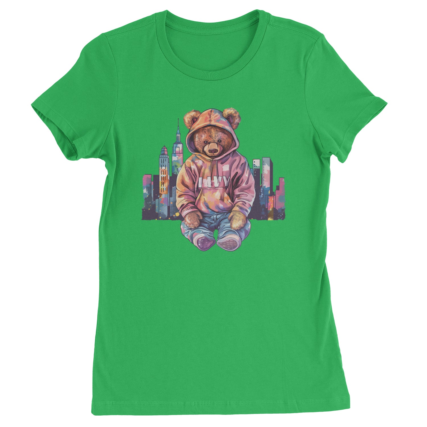 City Skyline Urban Graffiti Bear  Womens T-shirt Kelly Green