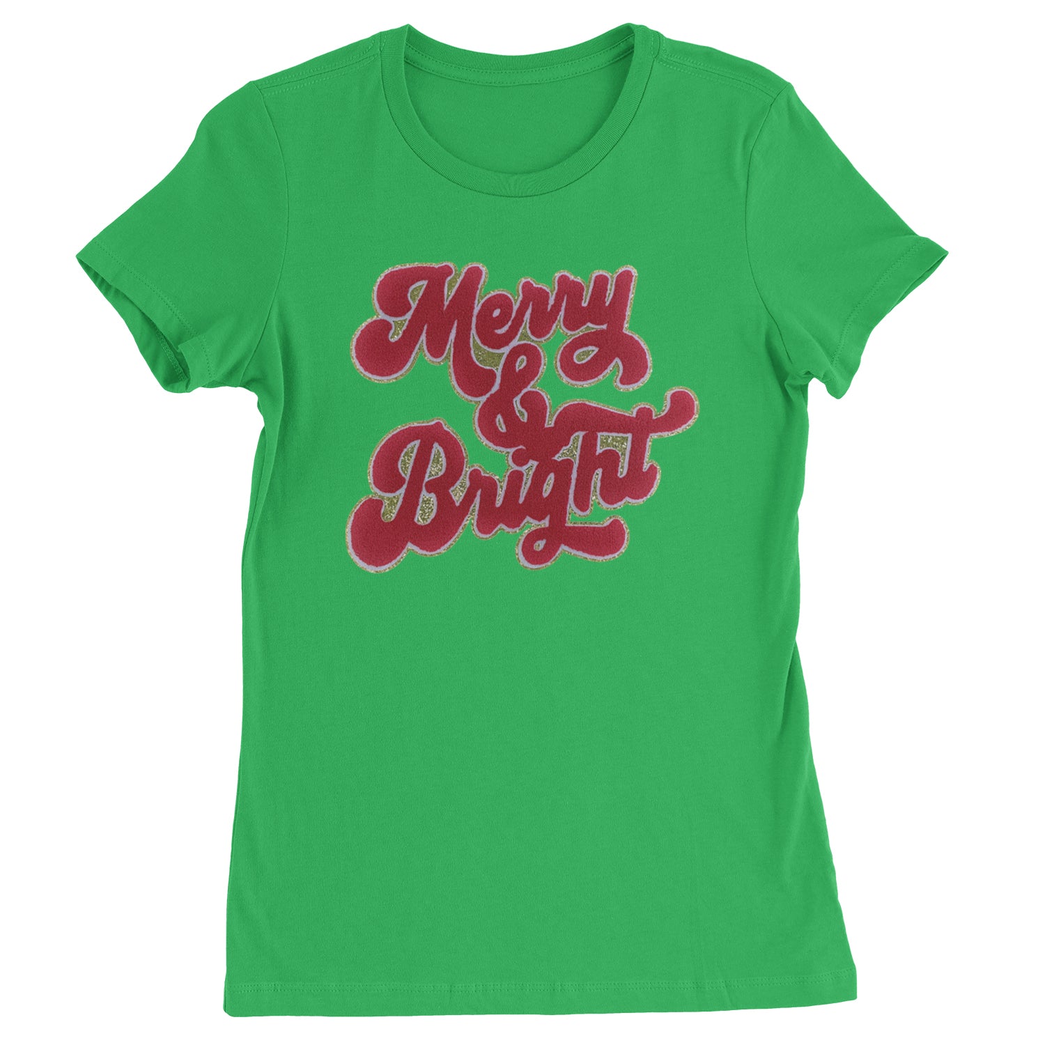 Merry & Bright Chenille Glitter  Womens T-shirt Kelly Green