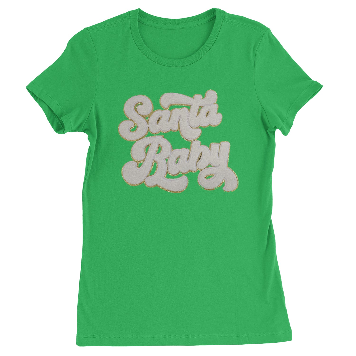 White Santa Baby Chenille Patch  Womens T-shirt Kelly Green