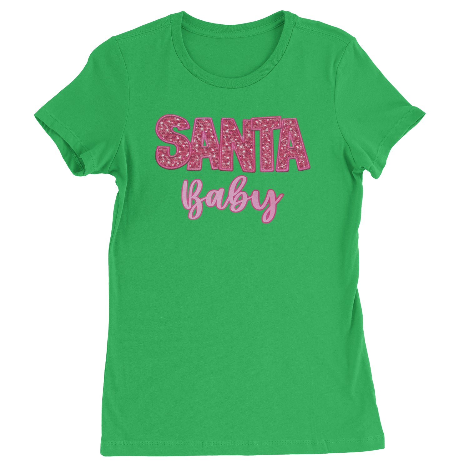 Santa Baby Faux Patch and Sequins  Womens T-shirt Kelly Green