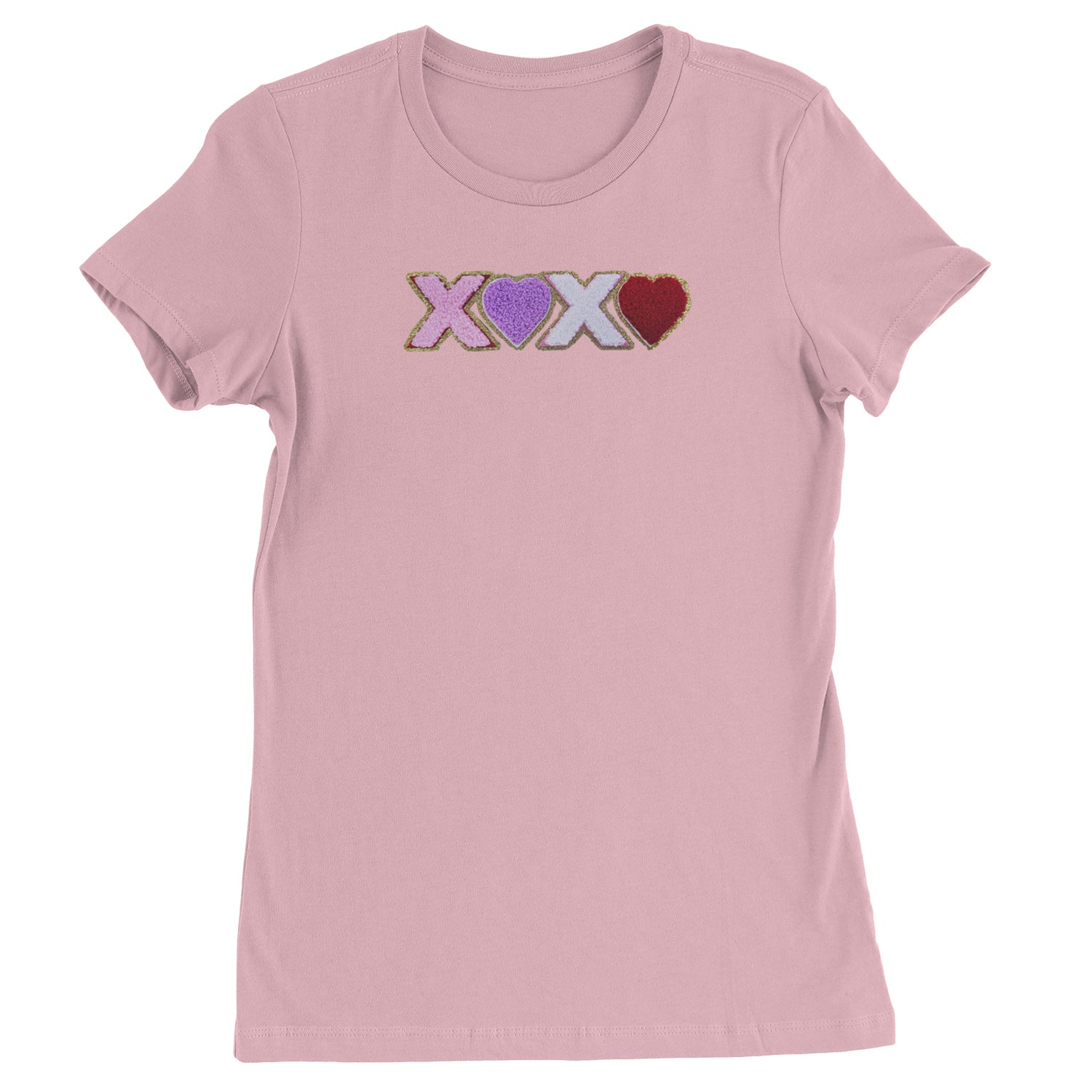 XOXO Chenille Patch Valentines Days  Womens T-shirt Light Pink