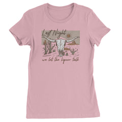 Women's Heavyweight Cotton T-Shirt with Western longhorn skull, desert cacti, and sunburst graphic and lyric-style text