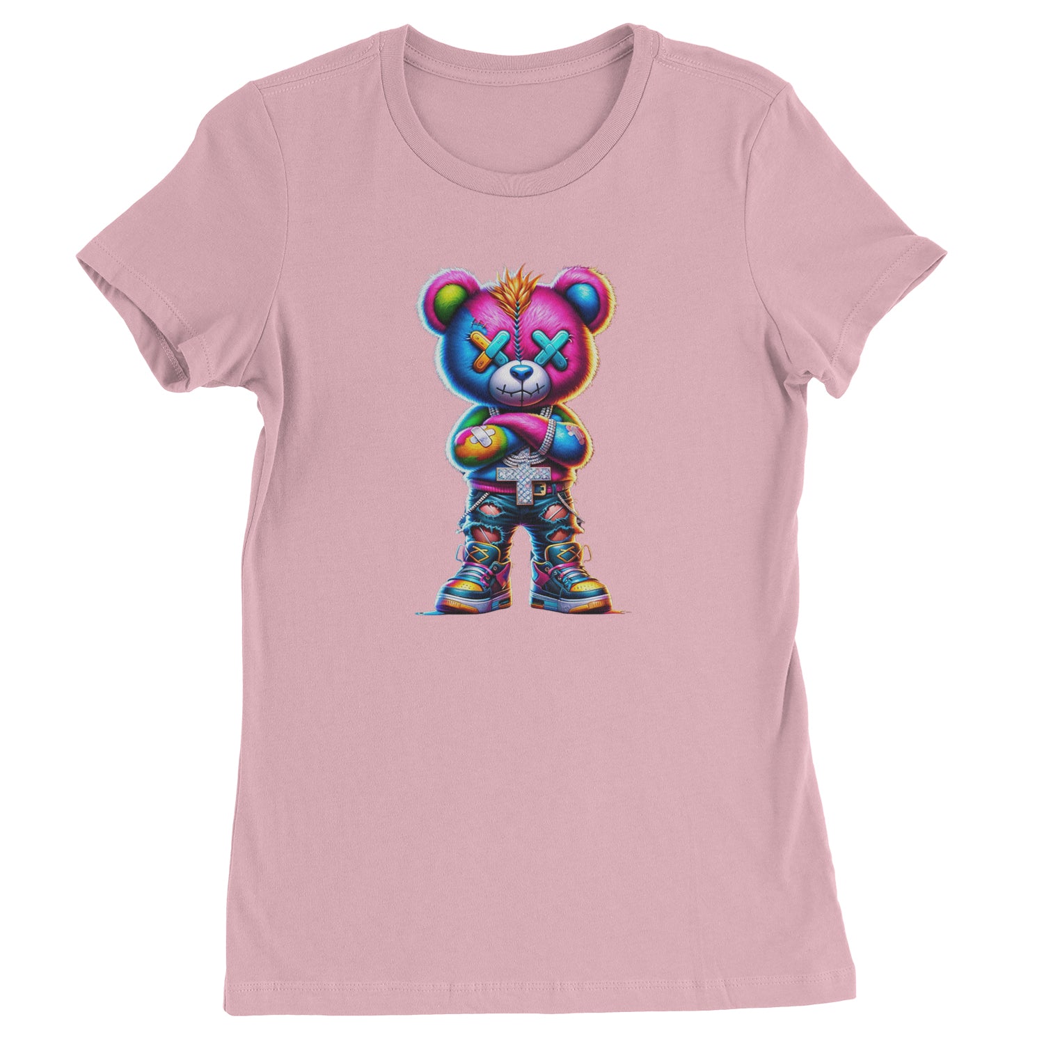 Stitched Neon Urban Graffiti Bear  Womens T-shirt Light Pink